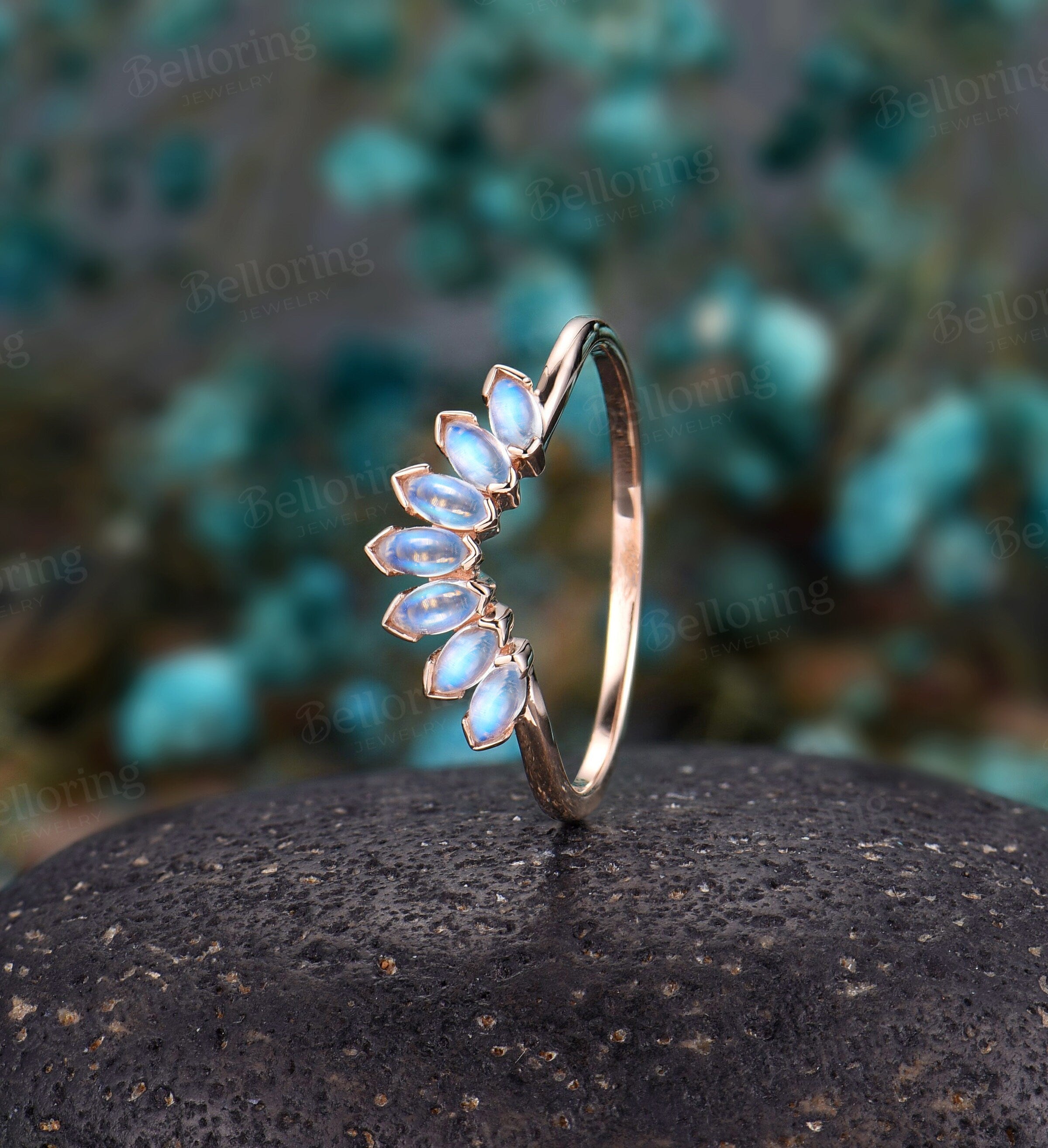 Moonstone Vintage curved wedding band  rose gold Art deco marquise unique Promise Jewelry birthstone Anniversary wedding ring