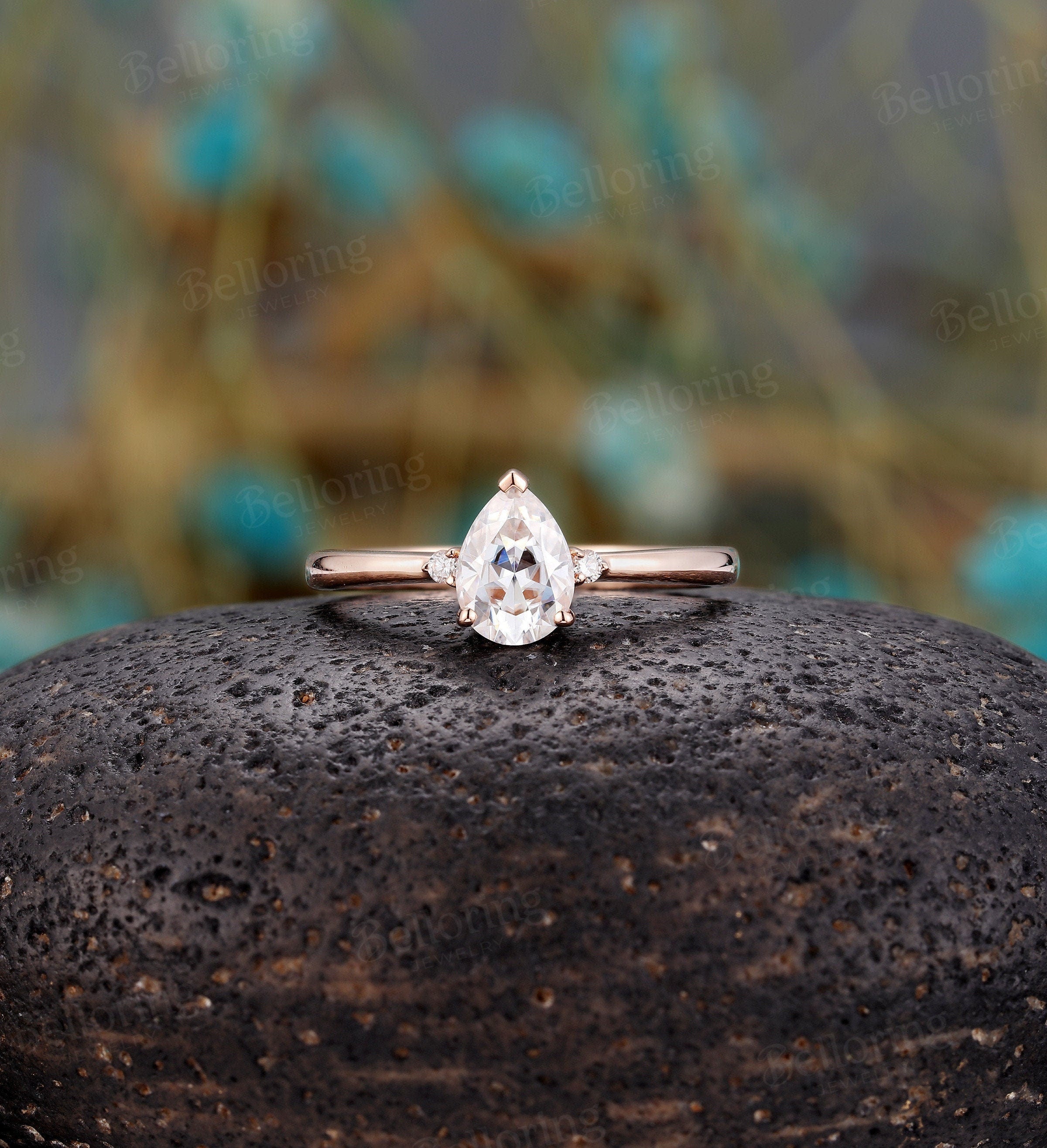 Art deco Moissanite engagement ring Vintage antique diamond rose gold Unique wedding  promise ring 3 stone ring  Anniversary gift