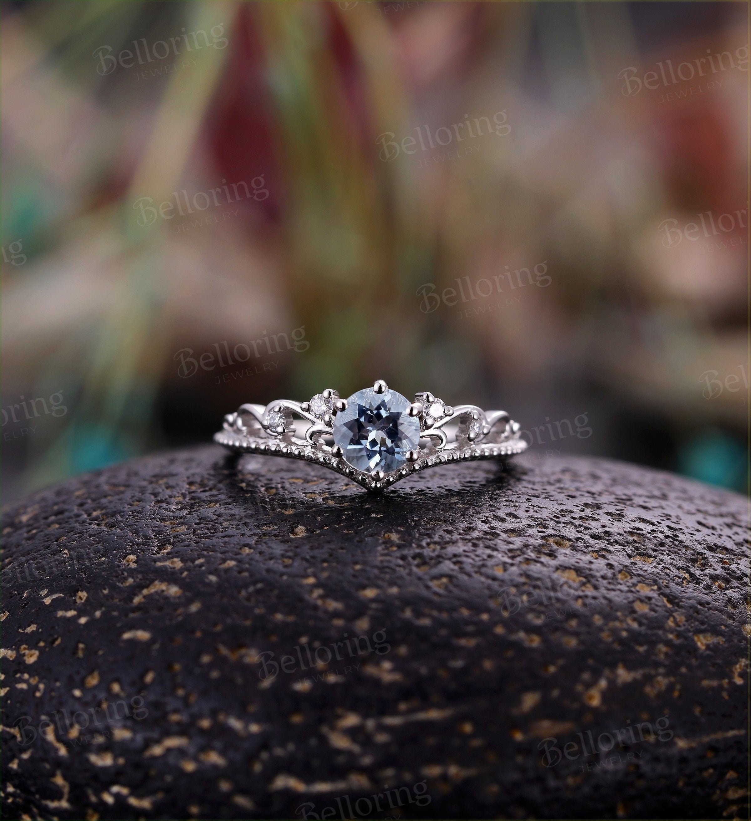 Aquamarine engagement ring  white gold vintage diamond unique art deco Wedding alternative anniversary promise Jewelry wedding ring