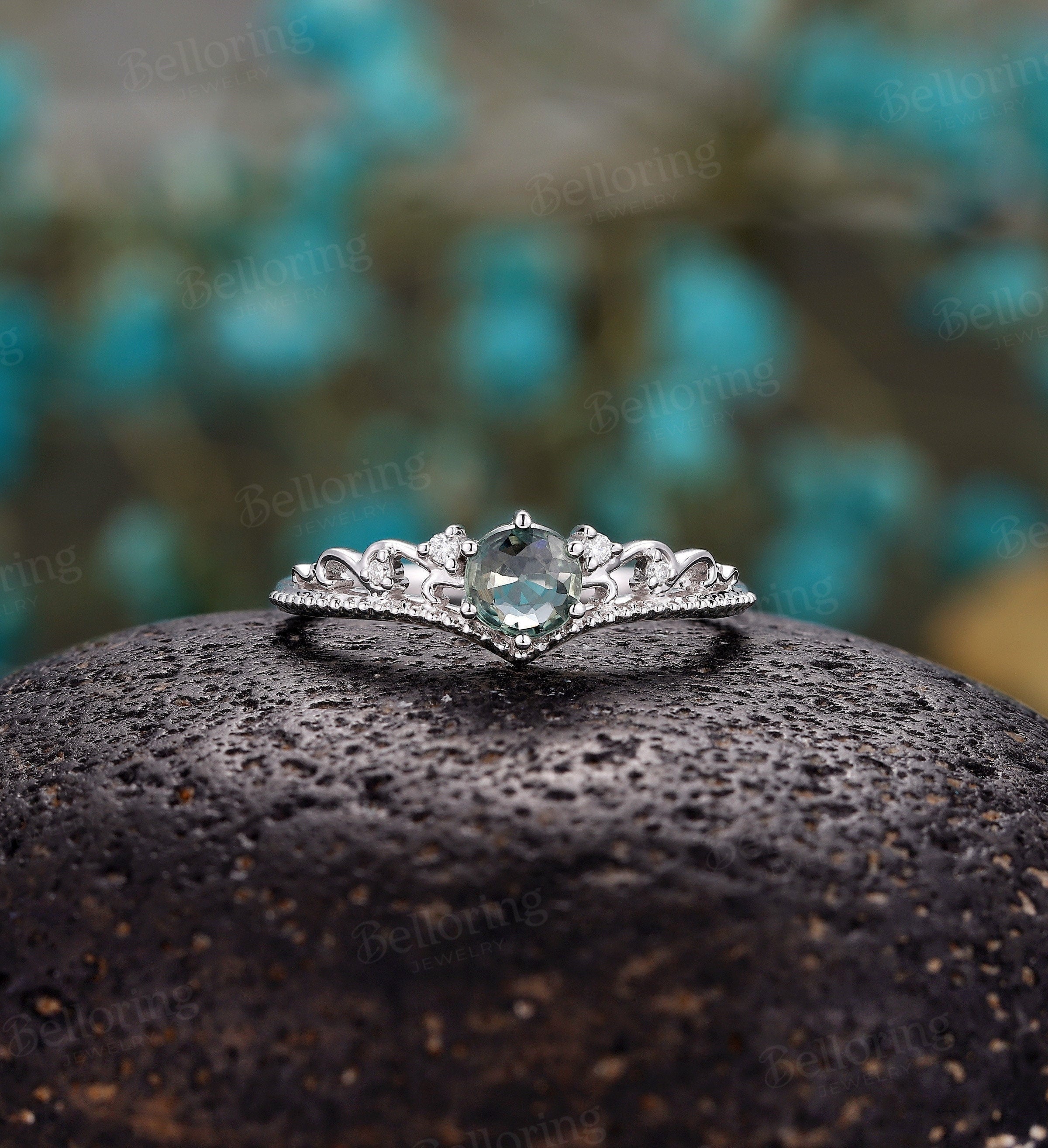 Blue green Sapphire engagement ring women white gold set vintage diamond unique art deco Wedding anniversary promise Teal sapphire ring