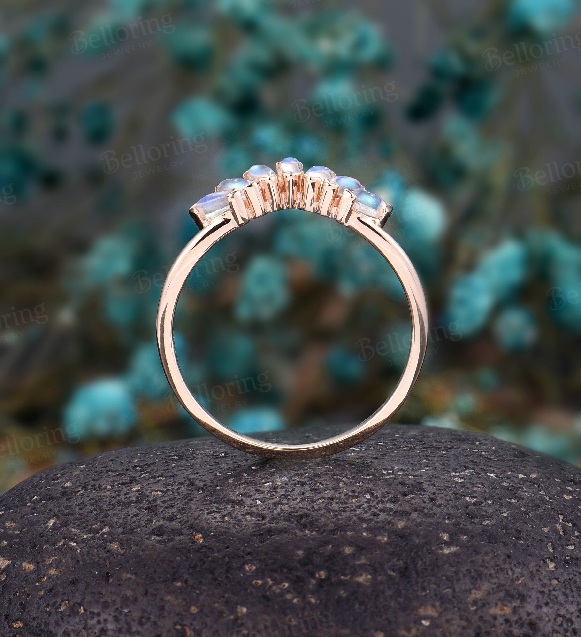 Moonstone Vintage curved wedding band  rose gold Art deco marquise unique Promise Jewelry birthstone Anniversary wedding ring