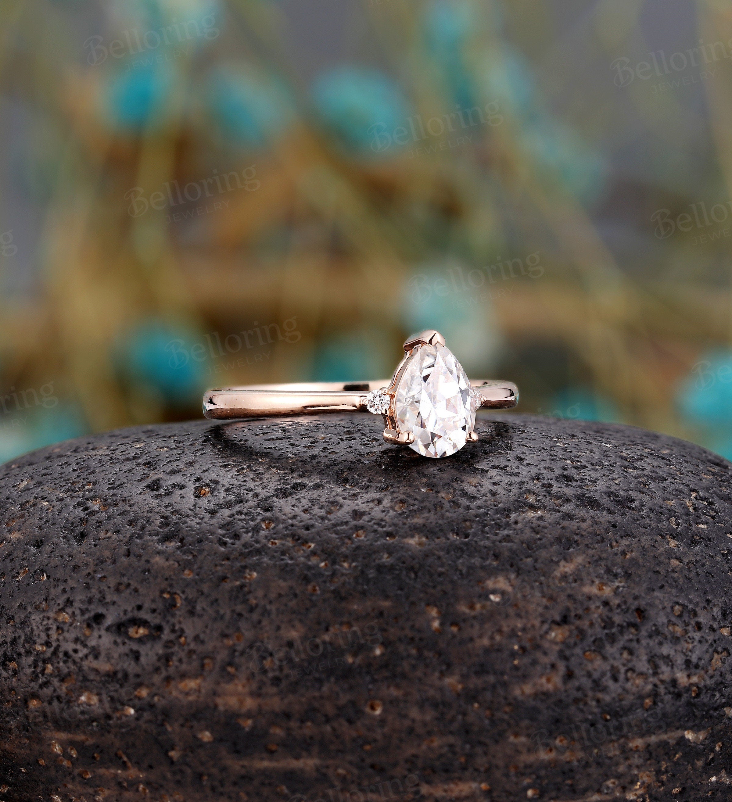 Art deco Moissanite engagement ring Vintage antique diamond rose gold Unique wedding  promise ring 3 stone ring  Anniversary gift