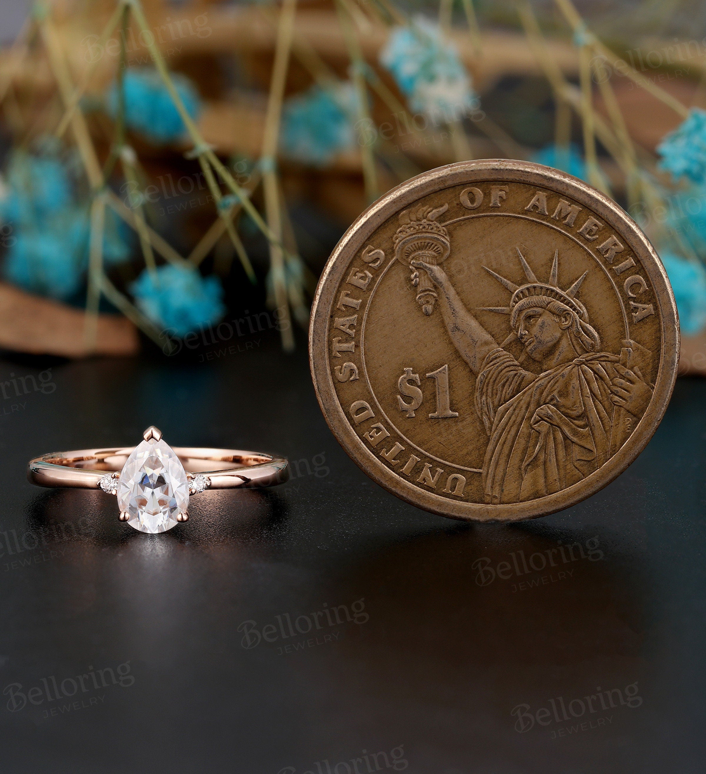 Art deco Moissanite engagement ring Vintage antique diamond rose gold Unique wedding  promise ring 3 stone ring  Anniversary gift