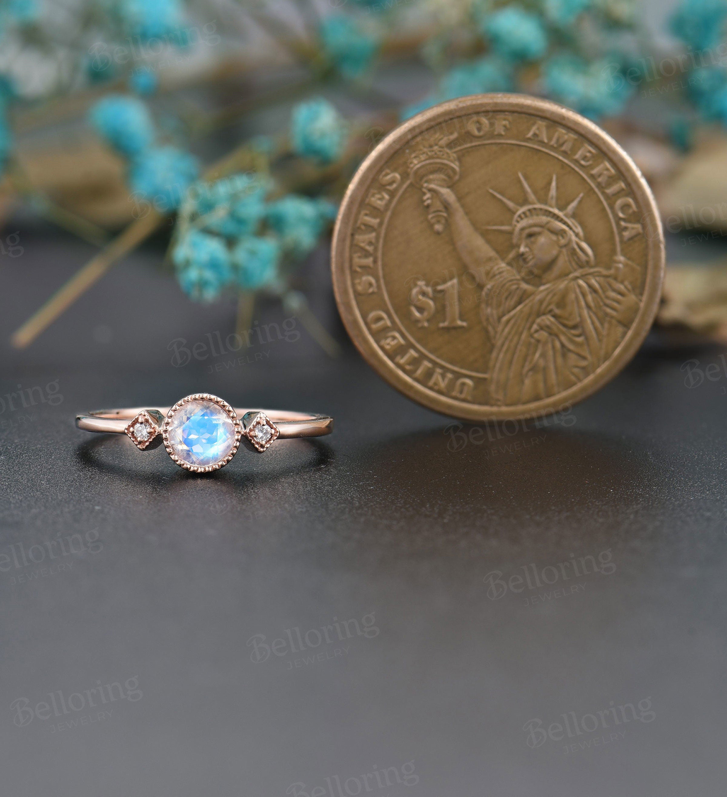 Moonstone engagement ring rose gold  diamond unique wedding milgrain Delicate vintage anniversary wedding ring wedding ring