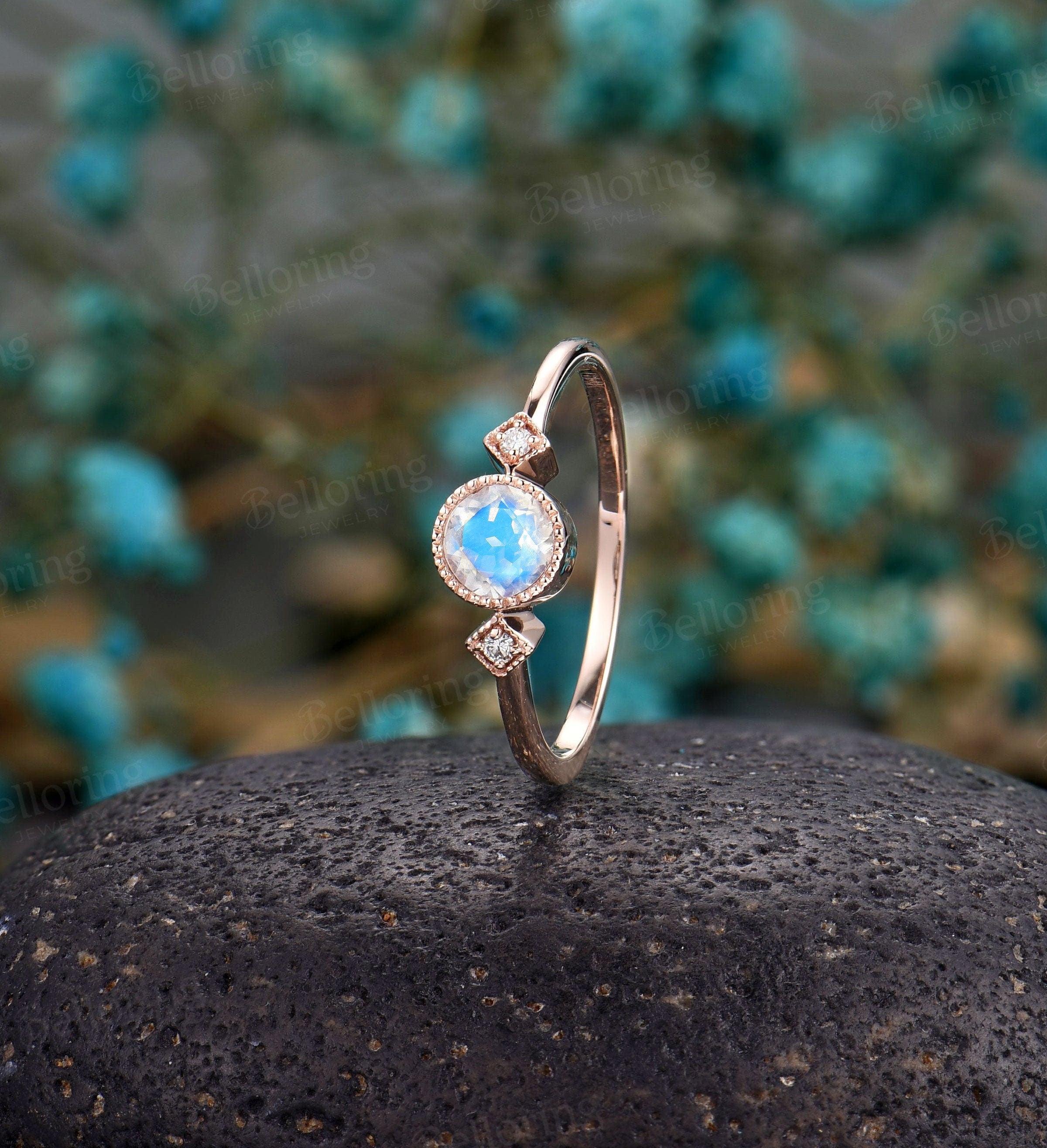 Moonstone engagement ring rose gold  diamond unique wedding milgrain Delicate vintage anniversary wedding ring wedding ring