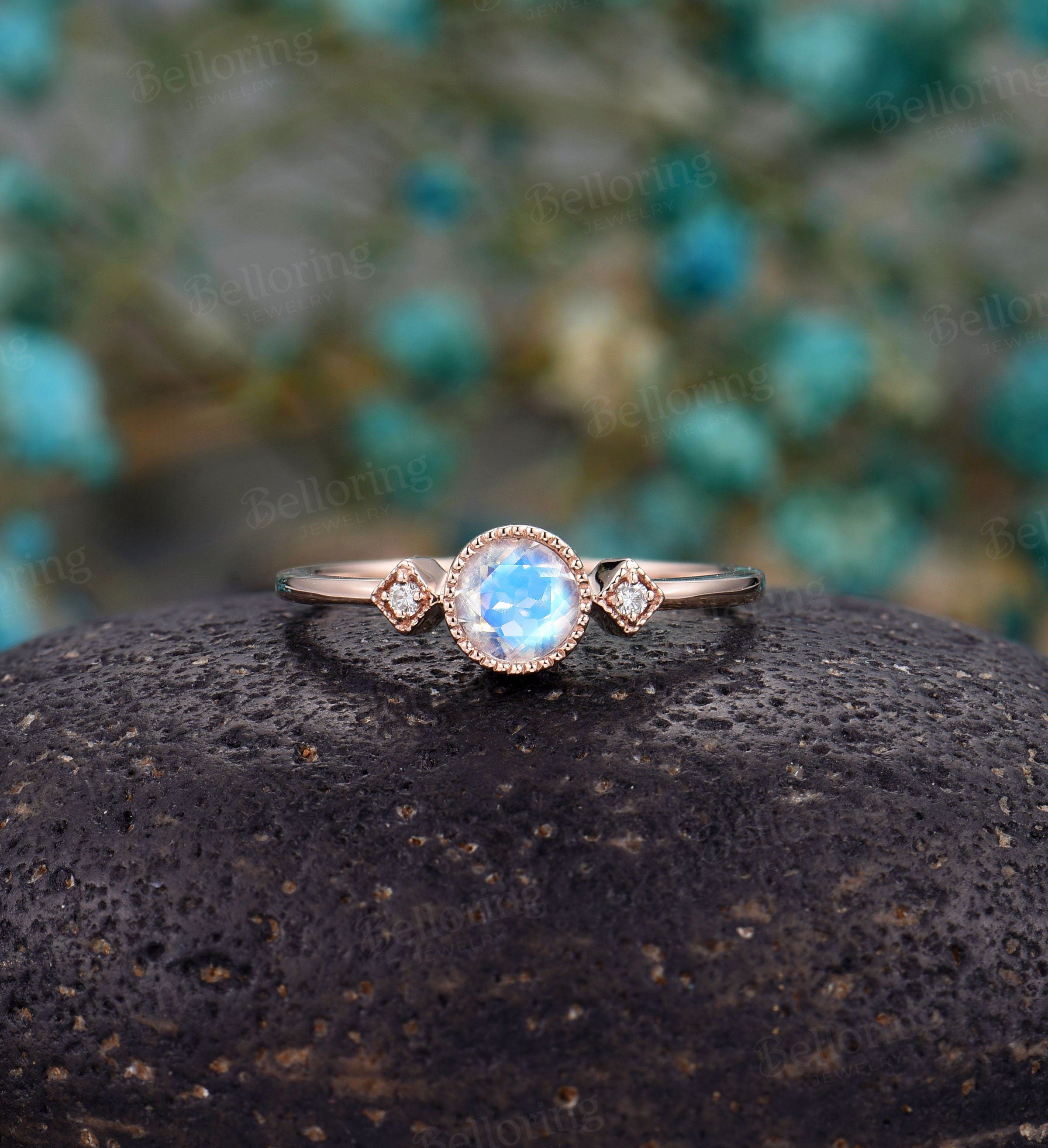 Moonstone engagement ring rose gold  diamond unique wedding milgrain Delicate vintage anniversary wedding ring wedding ring