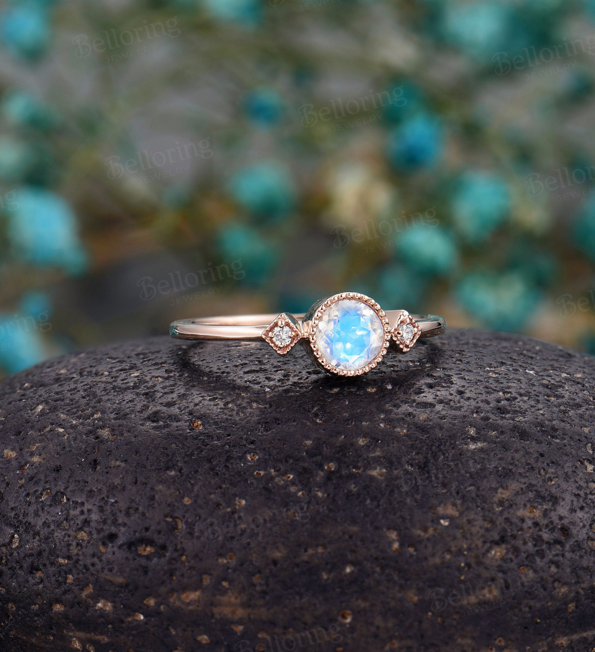 Moonstone engagement ring rose gold  diamond unique wedding milgrain Delicate vintage anniversary wedding ring wedding ring