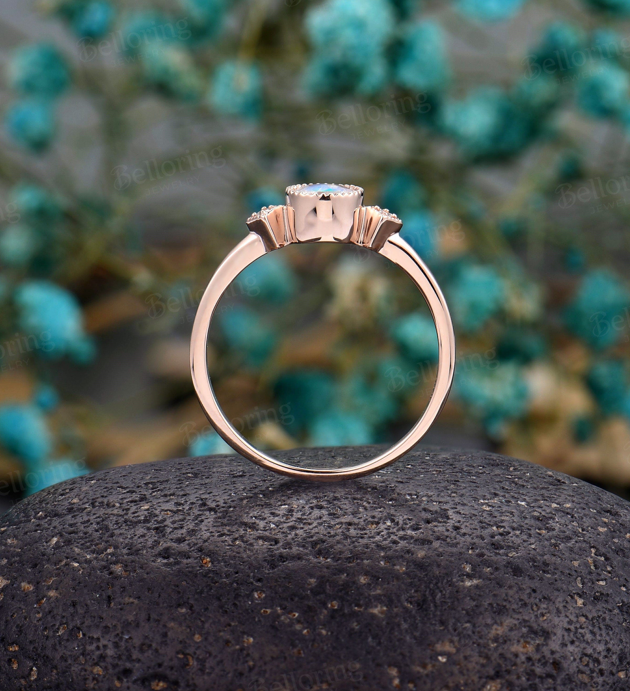 Moonstone engagement ring rose gold  diamond unique wedding milgrain Delicate vintage anniversary wedding ring wedding ring