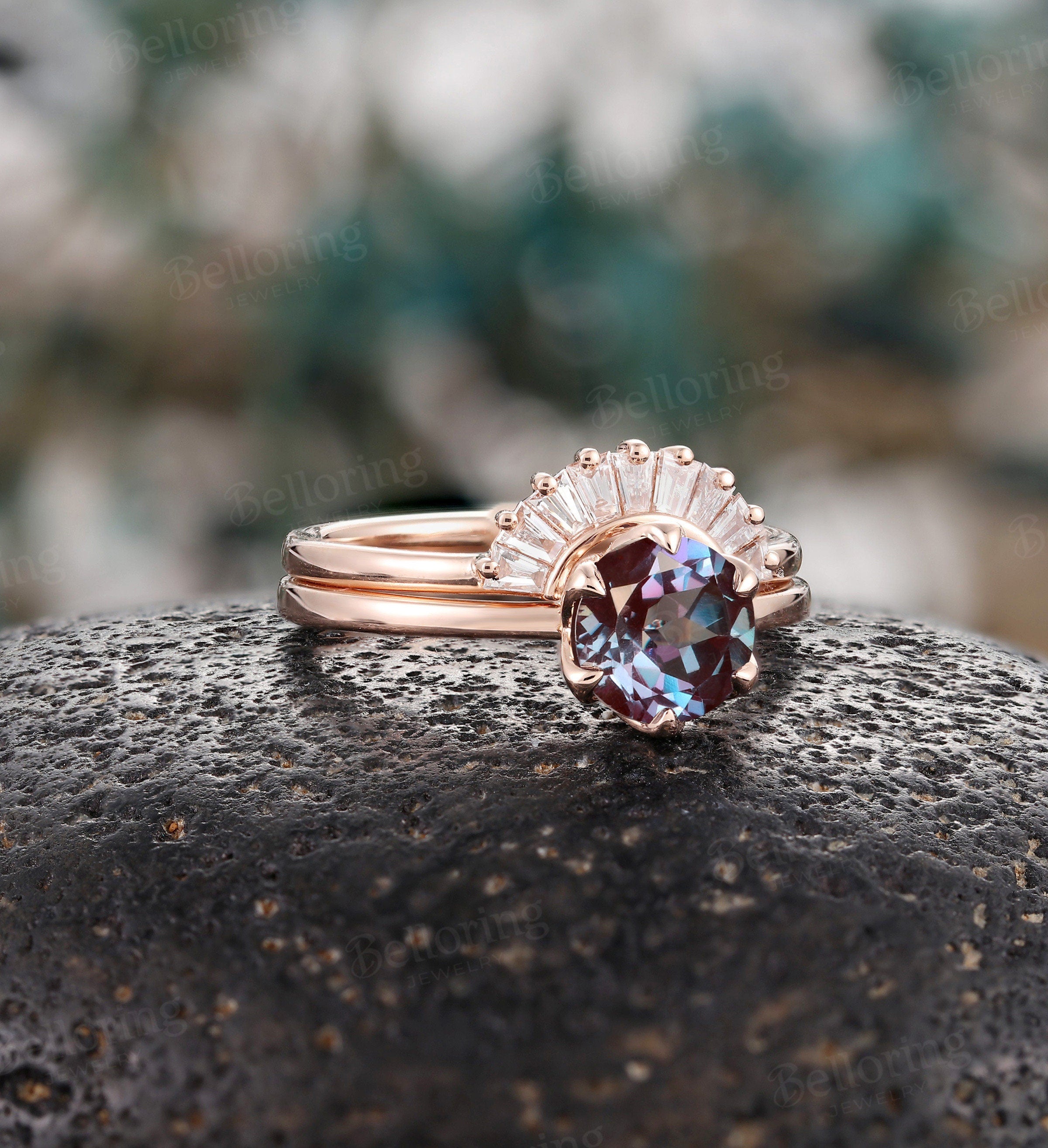 Alexandrite engagement ring set chevron band rose gold baguette diamond band Vintage V shape band Antique stacking Promise ring