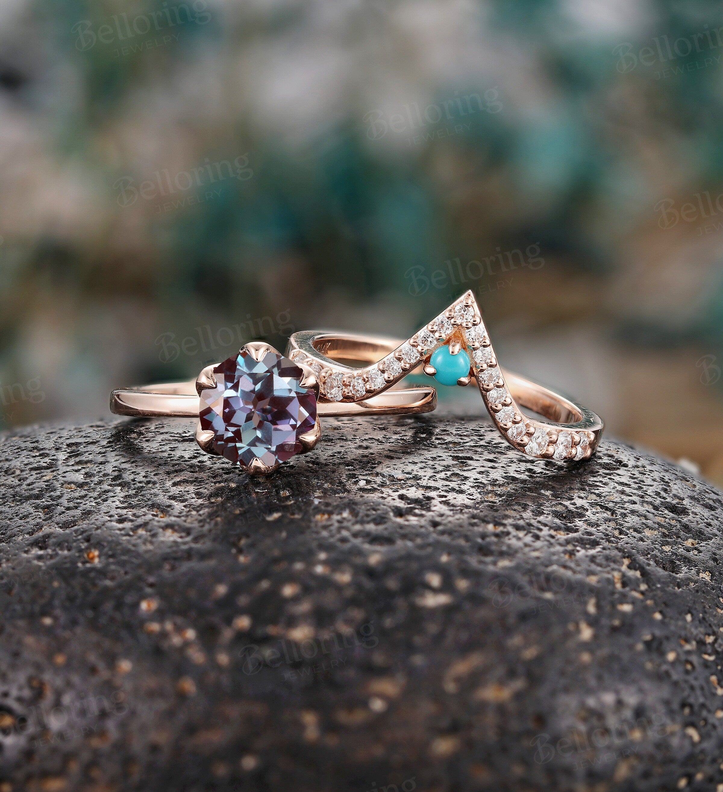 Alexandrite engagement ring set chevron band rose gold ring Vintage rings V shape band Antique stacking rings Promise ring prong set ring