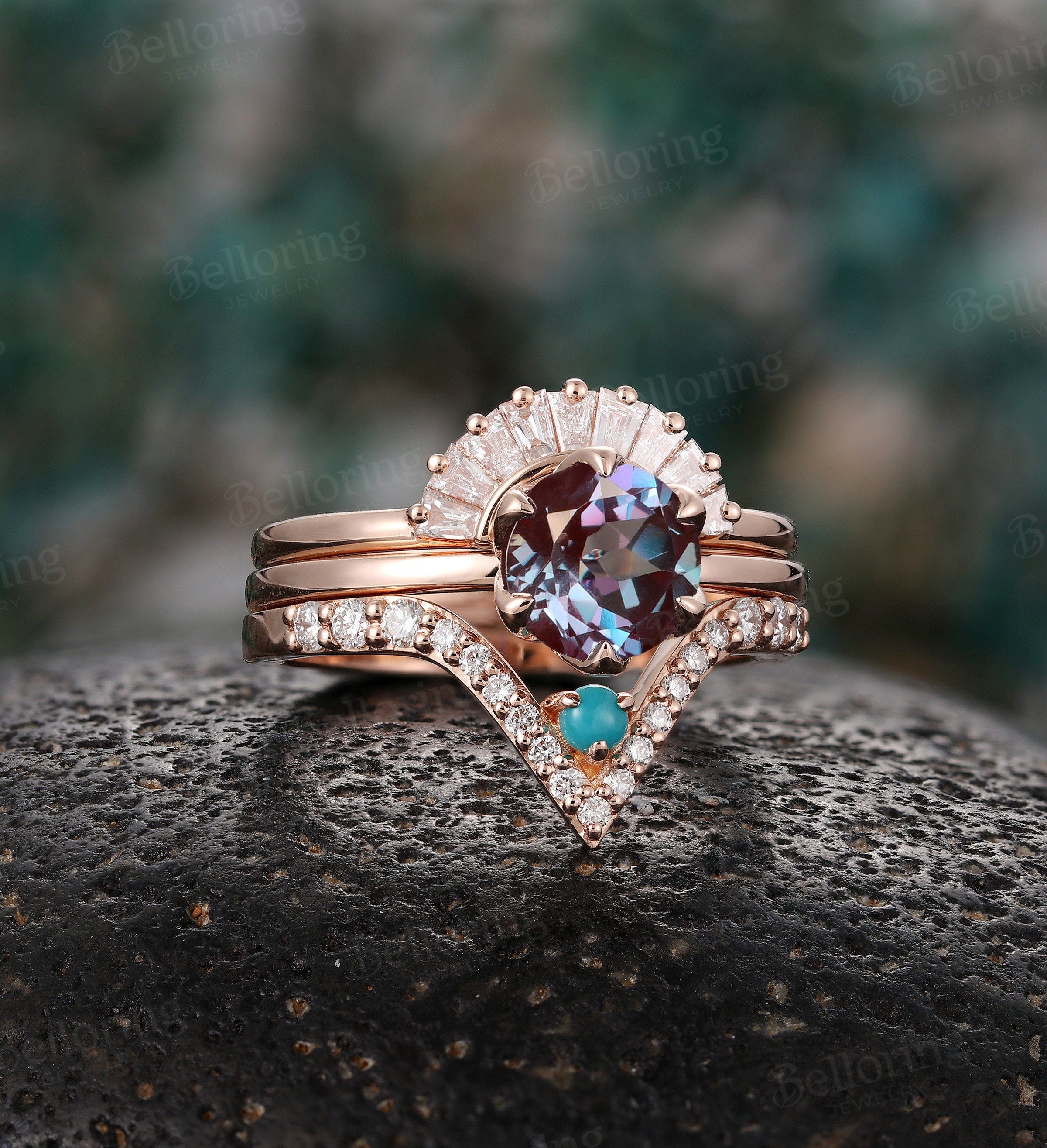 Alexandrite engagement ring set chevron band rose gold baguette diamond band Vintage V shape band Antique stacking Promise ring