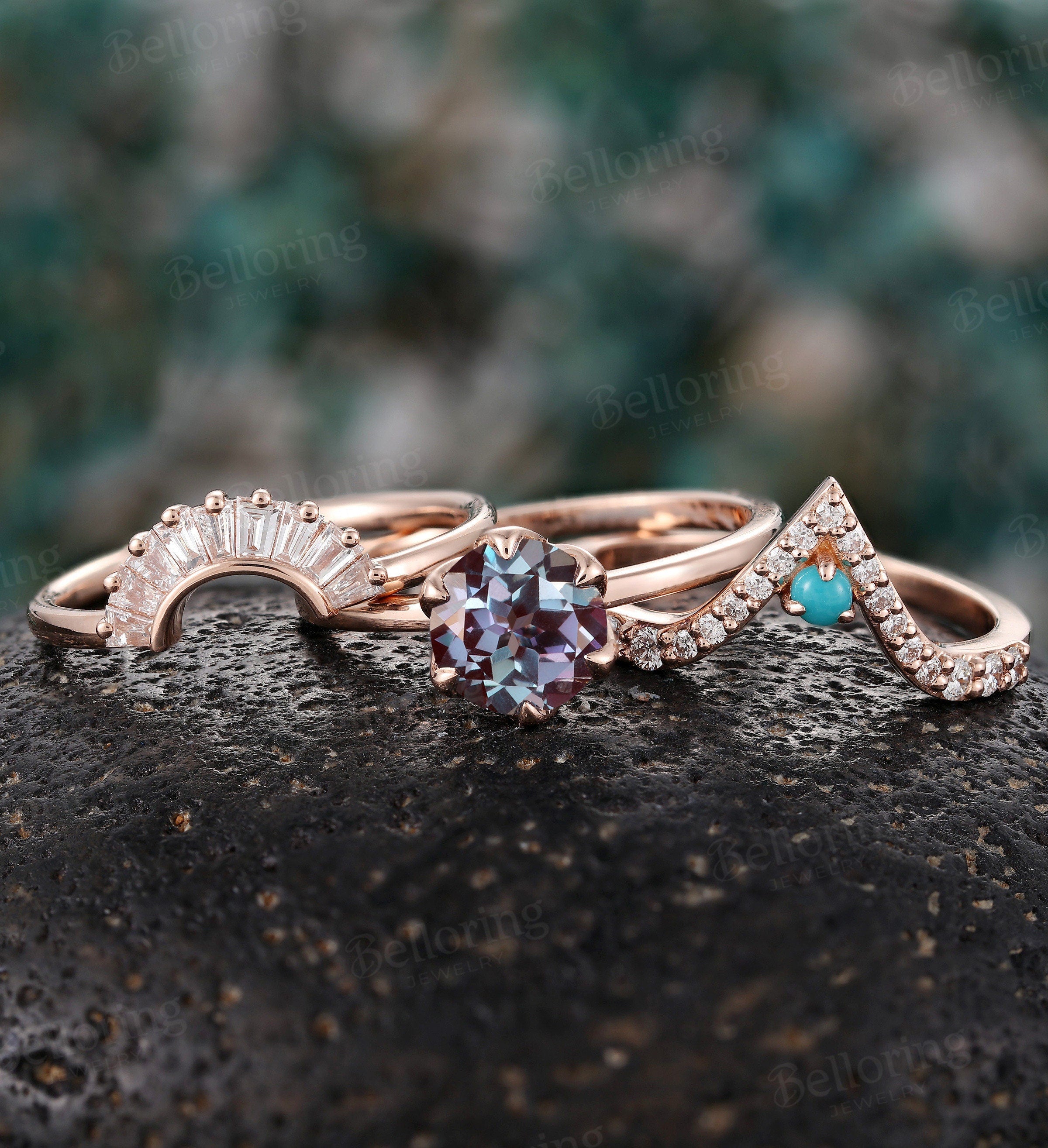 Alexandrite engagement ring set chevron band rose gold baguette diamond band Vintage V shape band Antique stacking Promise ring