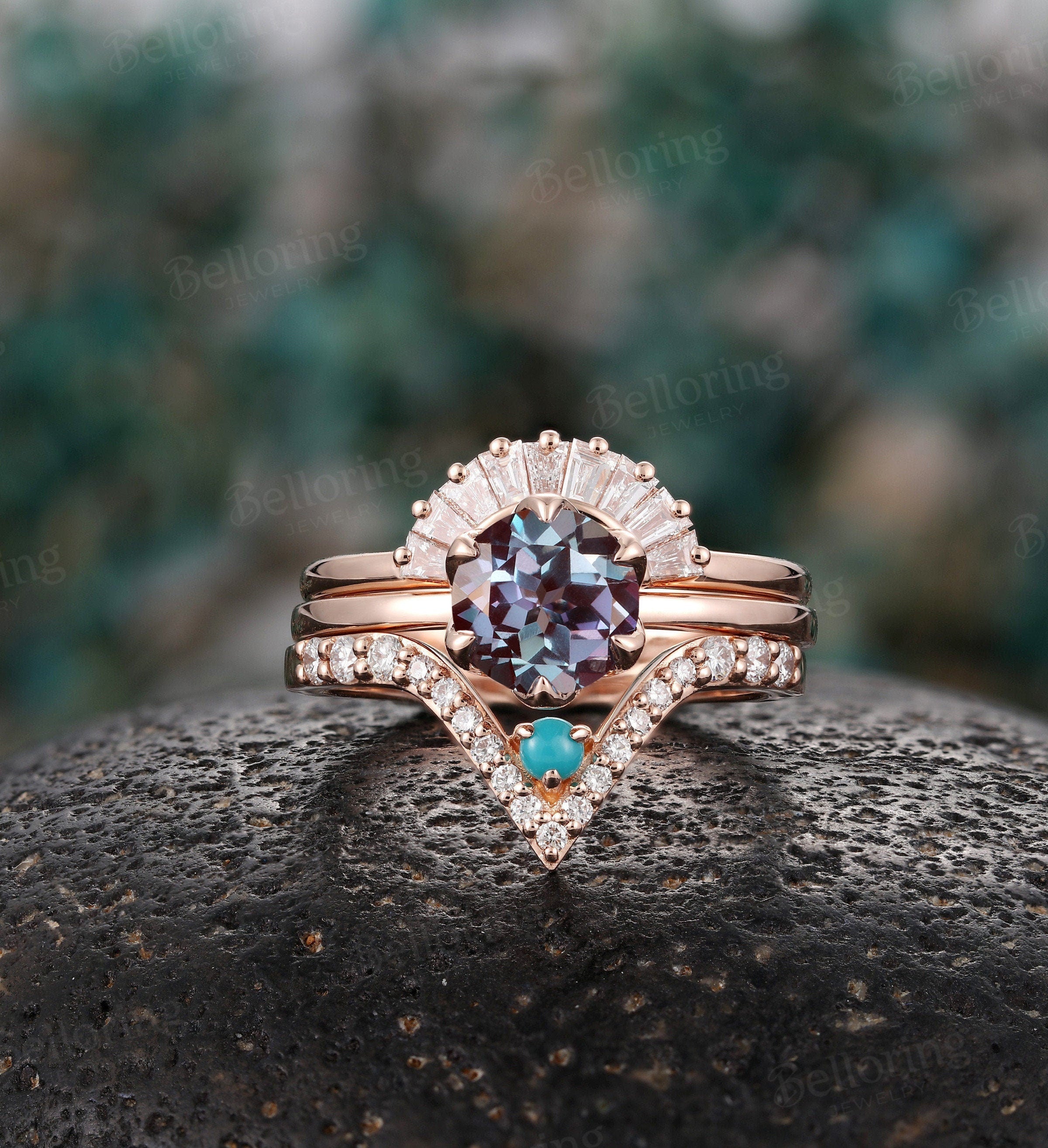 Alexandrite engagement ring set chevron band rose gold baguette diamond band Vintage V shape band Antique stacking Promise ring