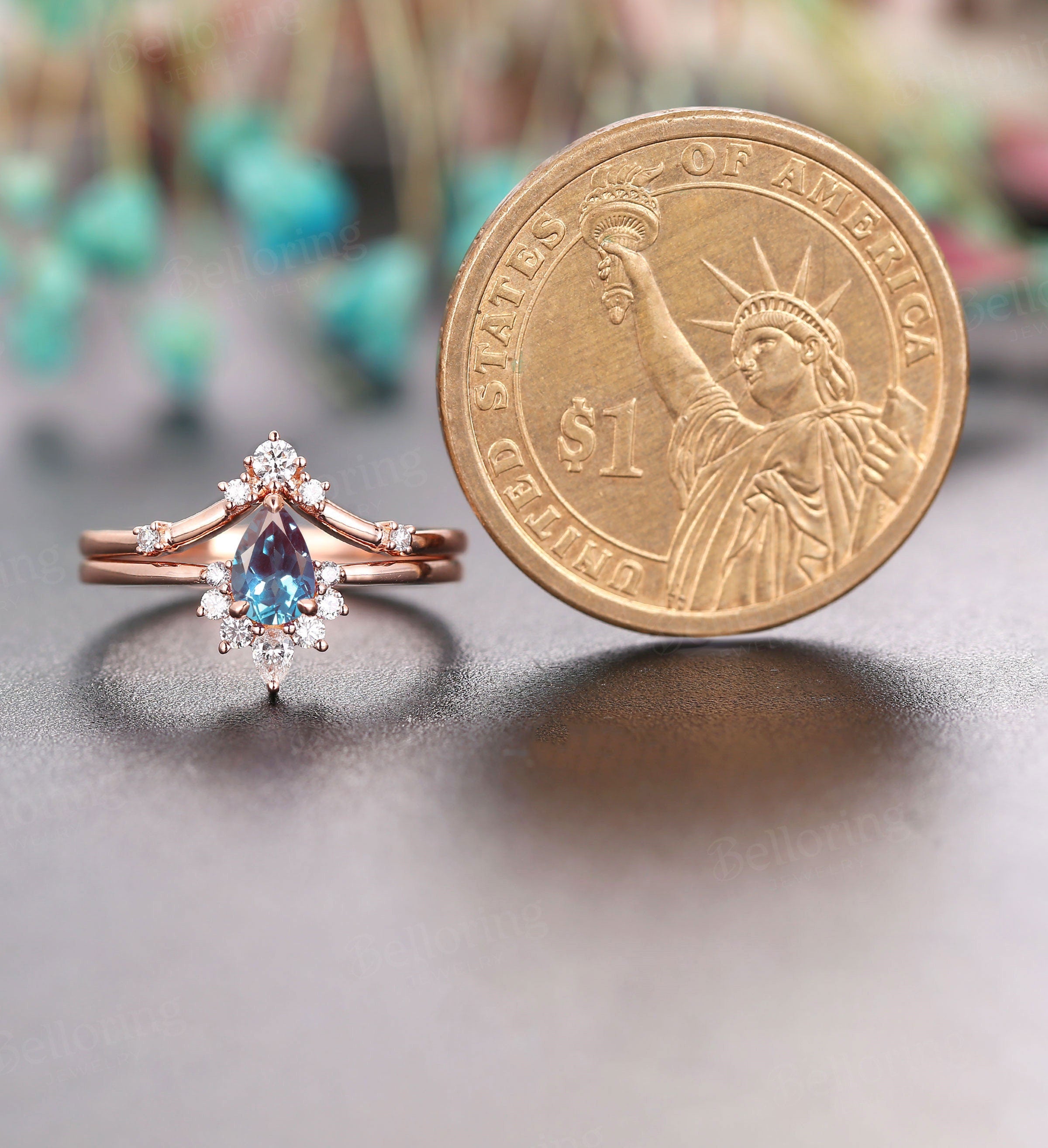 Alexandrite engagement ring set vintage pear shaped rose gold wedding band unique moissanite wedding ring set art deco Anniversary ring