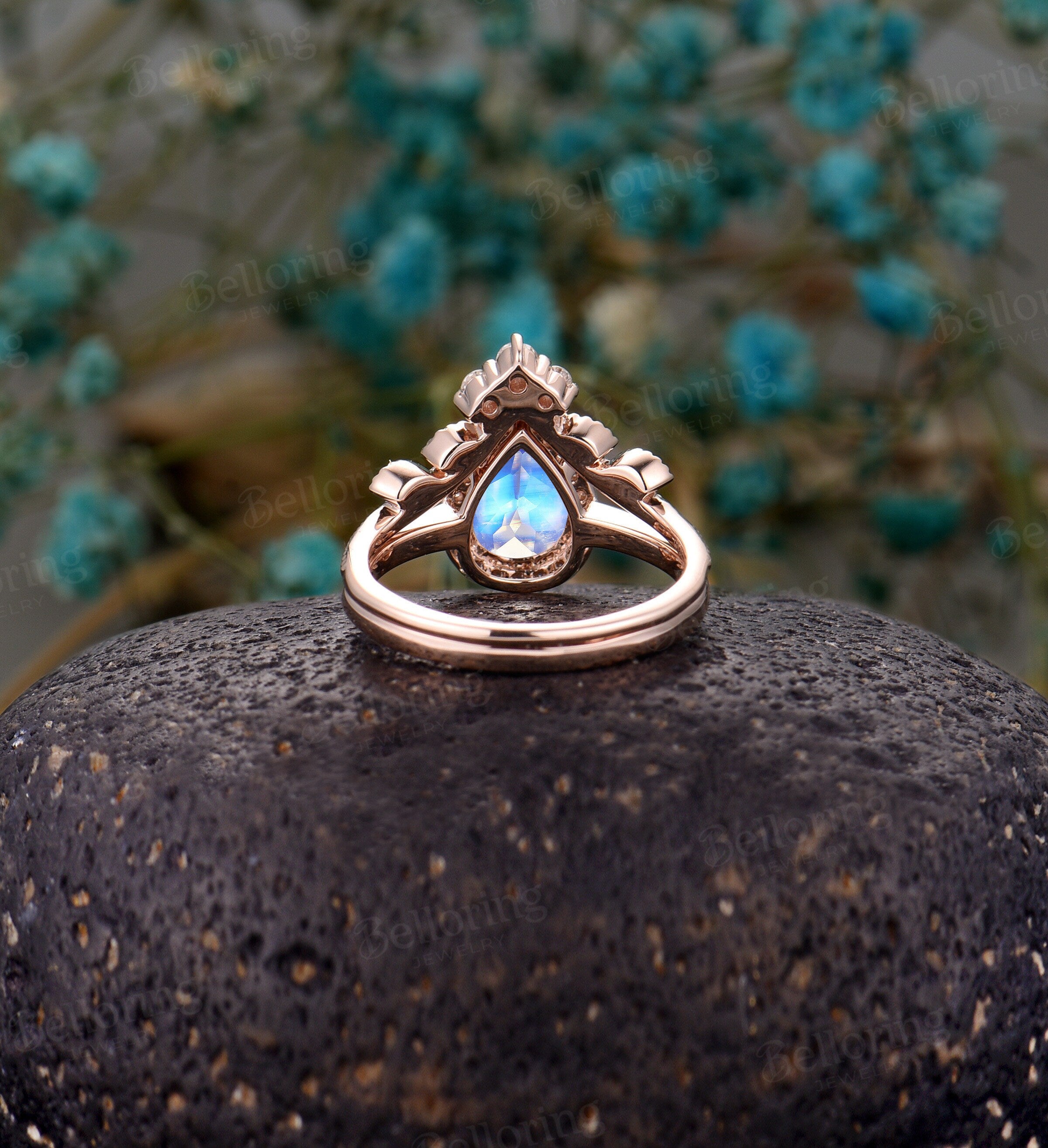 Moonstone engagement ring set  Rose gold pear shaped vintage leaf moissanite unique Wedding Jewelry birthstone Anniversary wedding ring