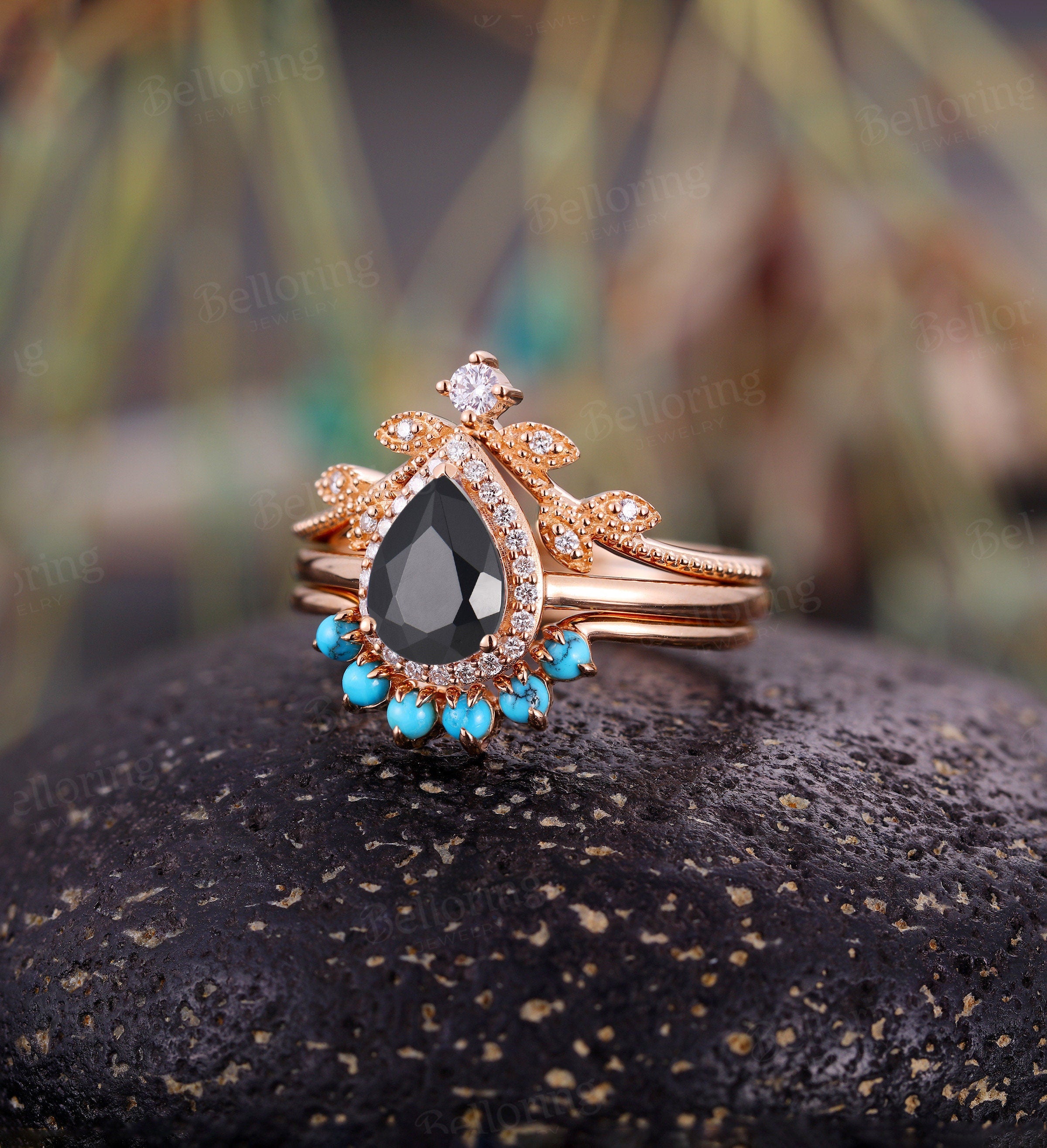 Black Onyx engagement ring set Rose gold ring set pear cut ring set vintage leaf moissanite ring set turquoise Wedding Anniversary ring set