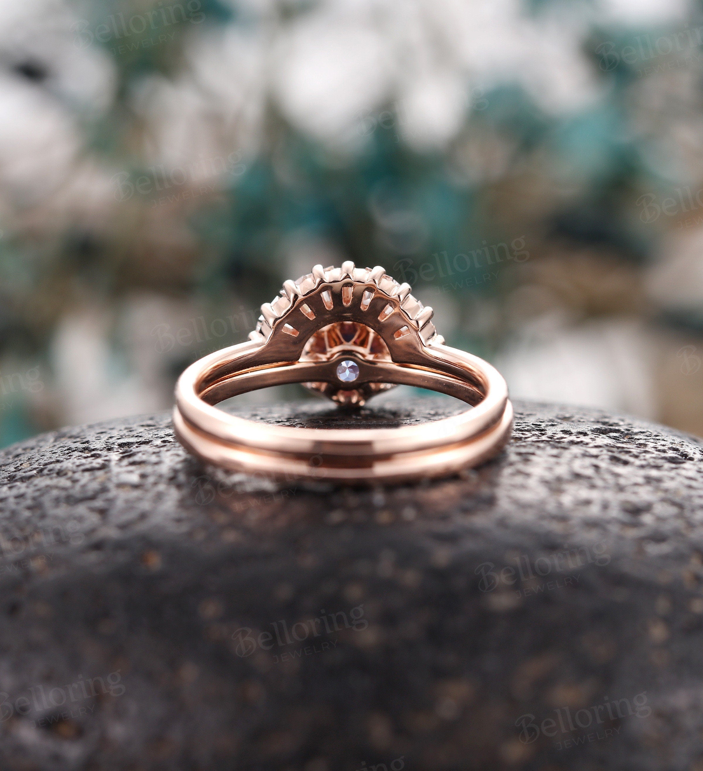 Alexandrite engagement ring set chevron band rose gold baguette diamond band Vintage V shape band Antique stacking Promise ring