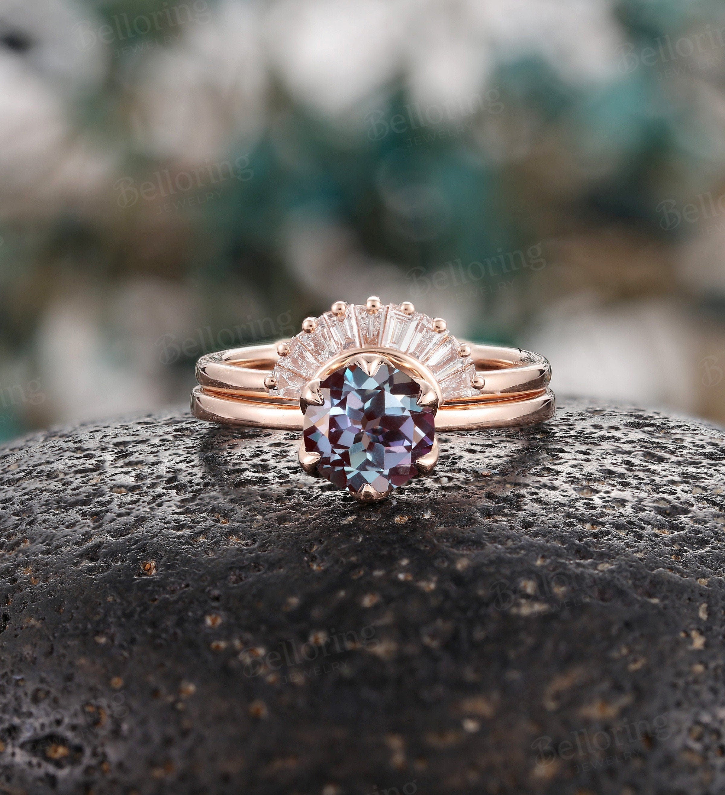 Alexandrite engagement ring set chevron band rose gold baguette diamond band Vintage V shape band Antique stacking Promise ring