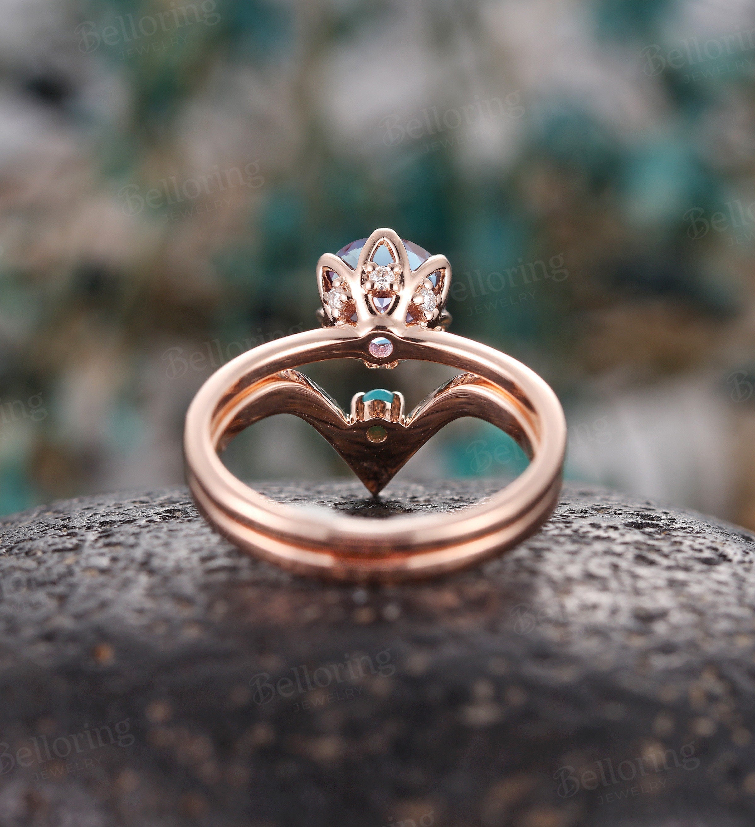 Alexandrite engagement ring set chevron band rose gold ring Vintage rings V shape band Antique stacking rings Promise ring prong set ring