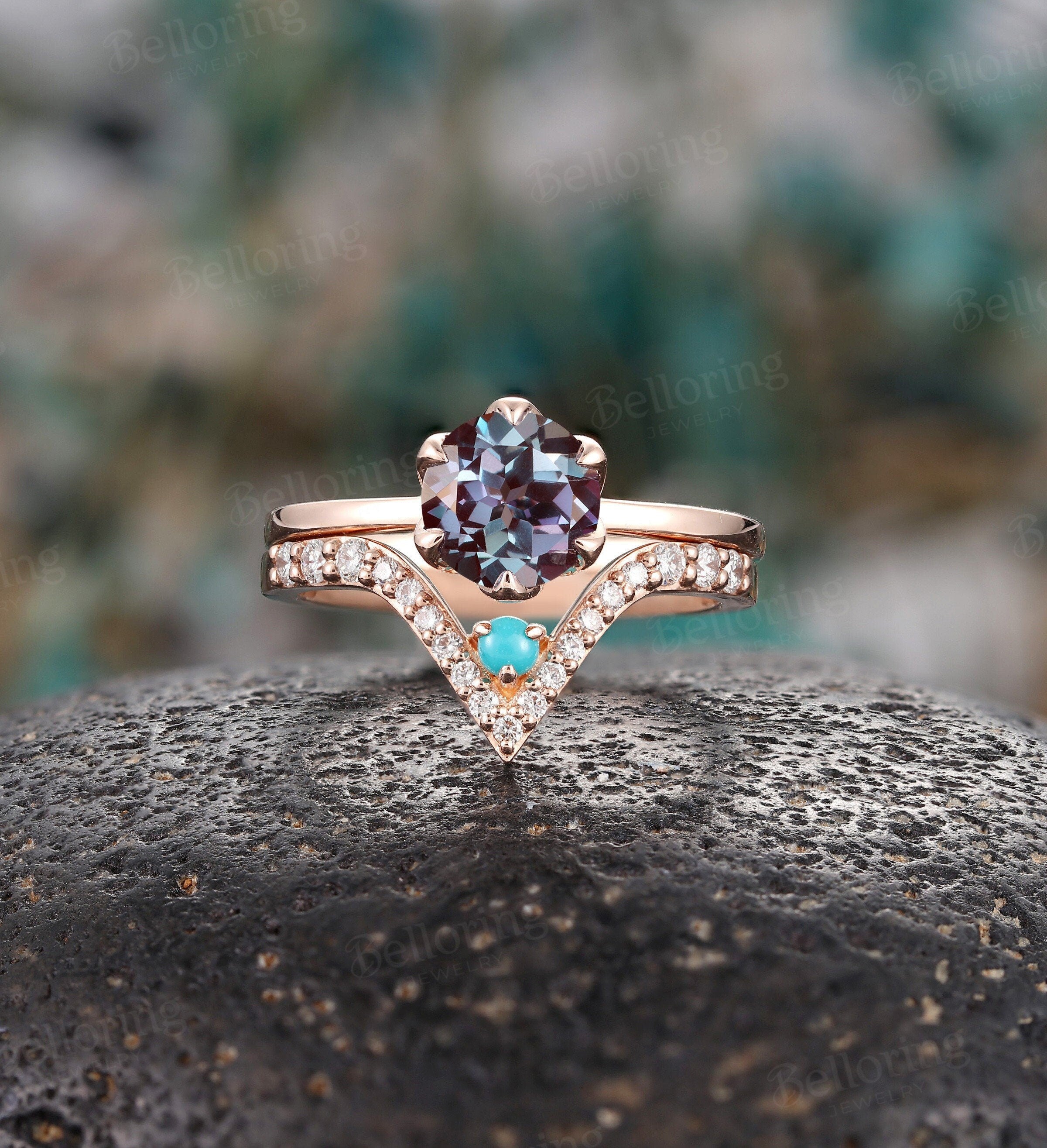 Alexandrite engagement ring set chevron band rose gold ring Vintage rings V shape band Antique stacking rings Promise ring prong set ring