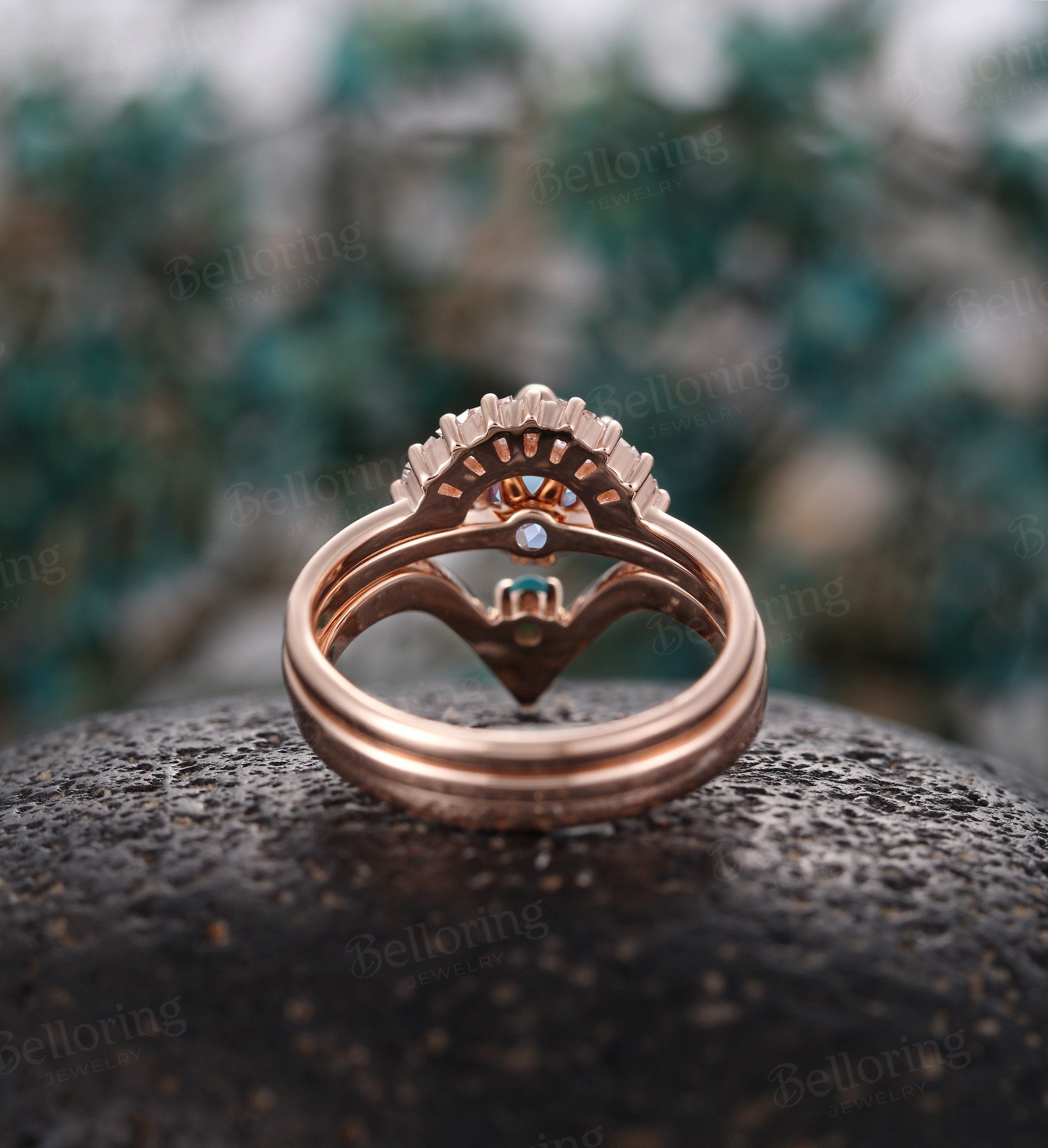 Alexandrite engagement ring set chevron band rose gold baguette diamond band Vintage V shape band Antique stacking Promise ring