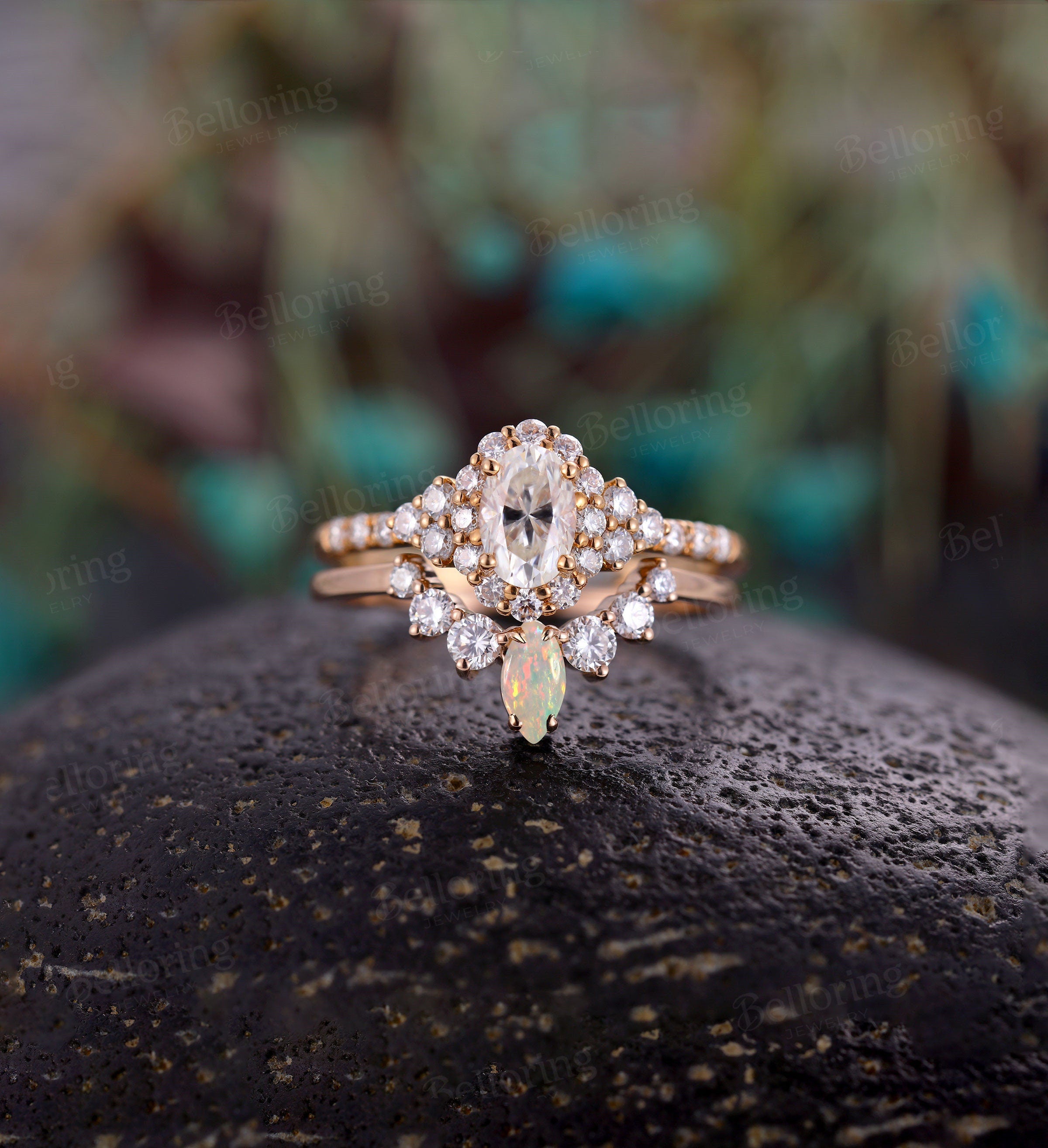 Moissanite engagement ring set Vintage  oval Art deco rose gold Unique opal wedding Jewelry antique promise Anniversary wedding ring