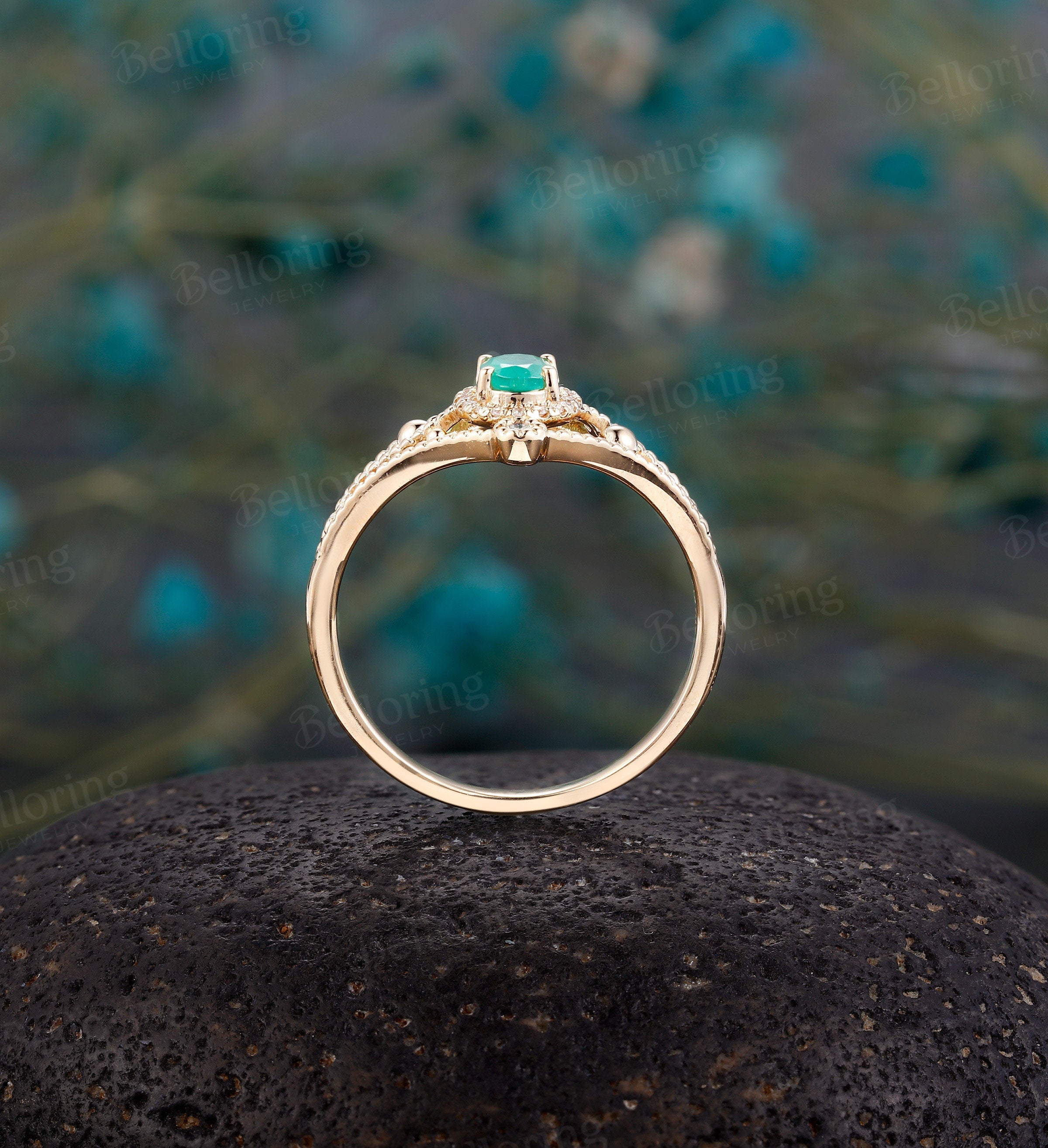 Lab emerald engagement ring 14k rose gold oval cut vintage Halo diamond Half eternity Wedding  Jewelry birthstone Anniversary wedding ring