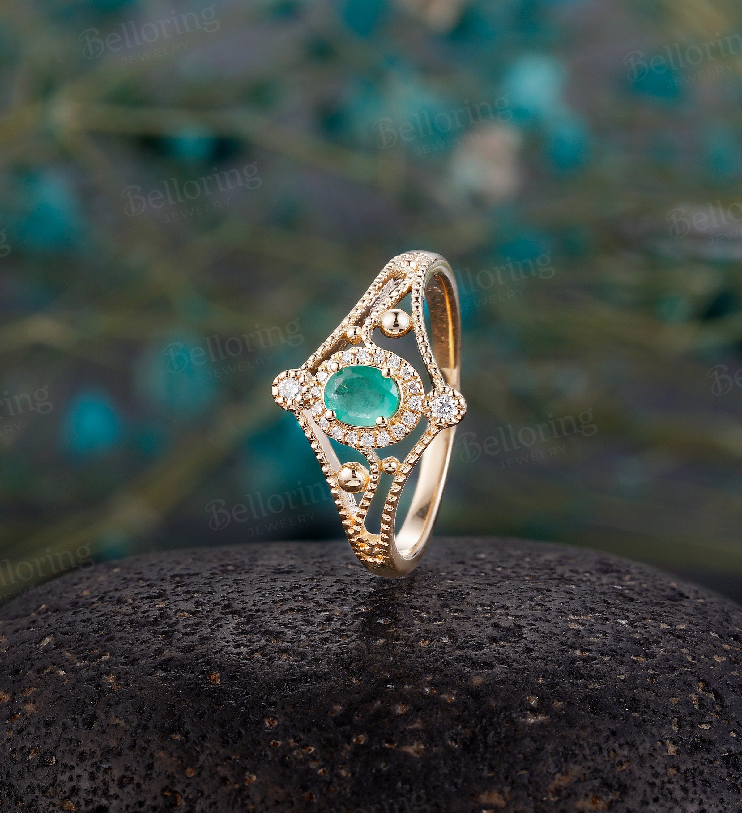 Lab emerald engagement ring 14k rose gold oval cut vintage Halo diamond Half eternity Wedding  Jewelry birthstone Anniversary wedding ring