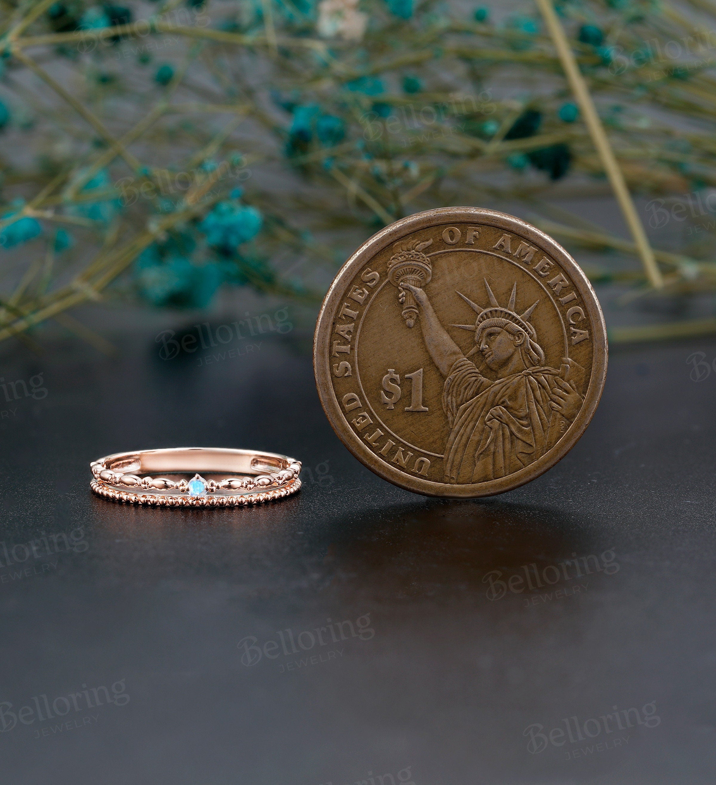 Moonstone Engagement Ring, rose Gold ring vintage Milgrain ring round cut ring, Art Deco ring Antique diamond wedding ring anniversary ring