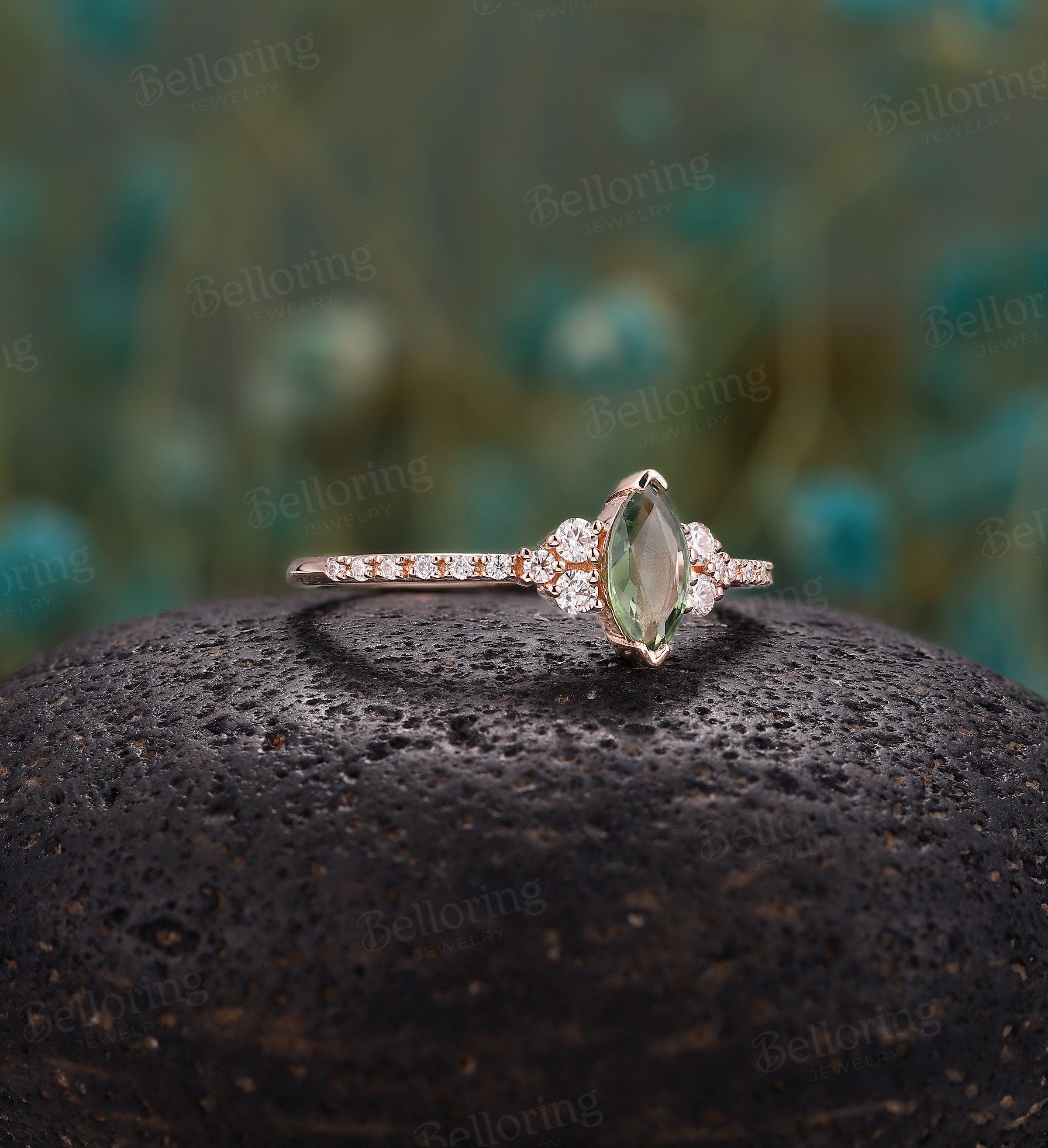 Green sapphire engagement ring vintage Rose gold marquise cut moissanite Half eternity unique Wedding Promise Anniversary wedding ring