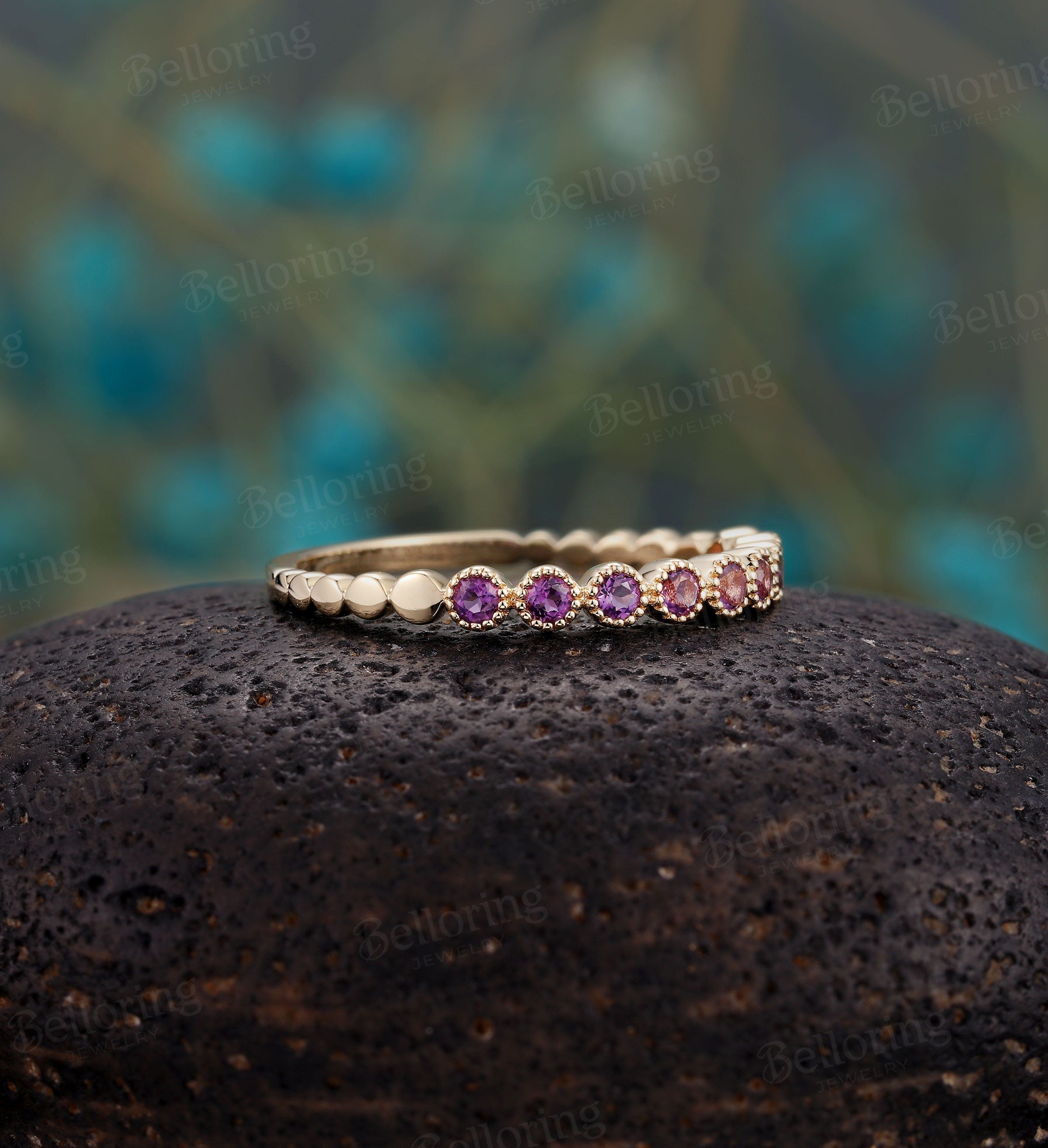 Amethyst wedding band Unique 14k rose gold half eternity band, Antique milgrain Stacking ring, Vintage Bridal ring Anniversary Promise ring