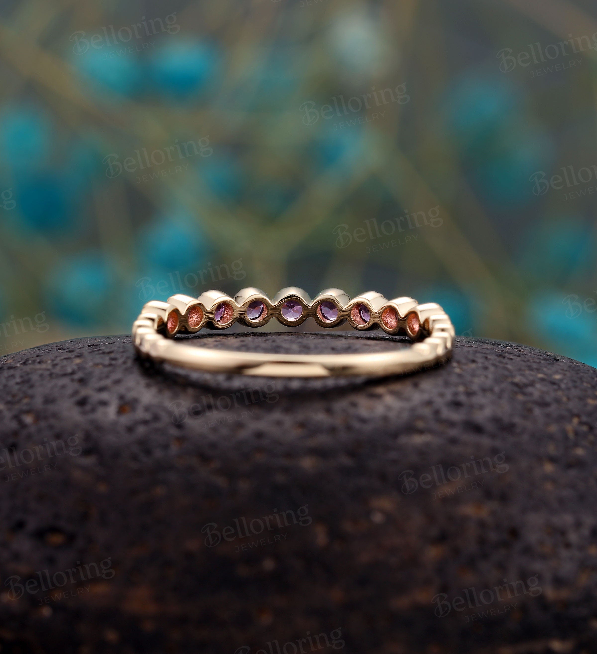 Amethyst wedding band Unique 14k rose gold half eternity band, Antique milgrain Stacking ring, Vintage Bridal ring Anniversary Promise ring