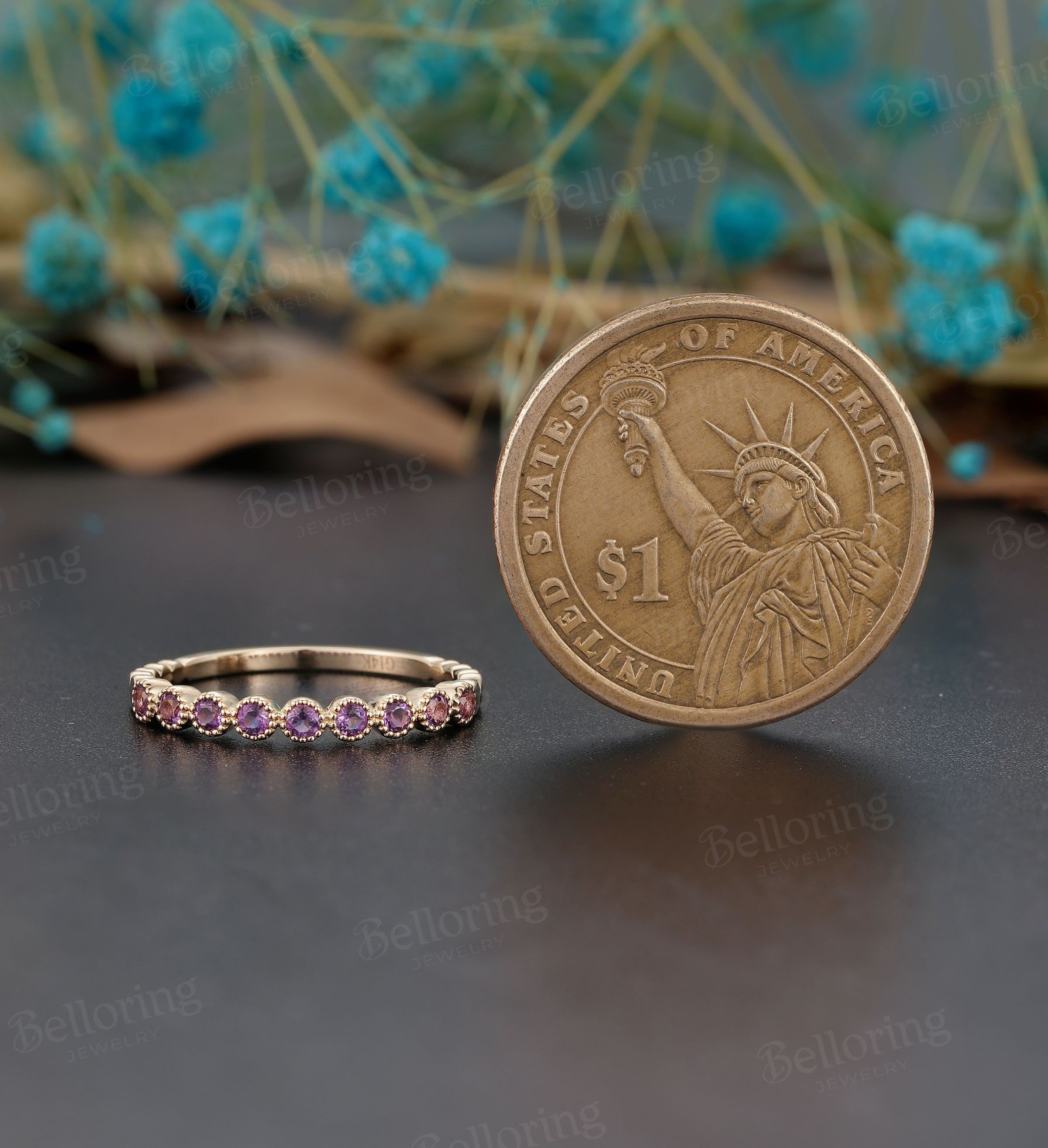 Amethyst wedding band Unique 14k rose gold half eternity band, Antique milgrain Stacking ring, Vintage Bridal ring Anniversary Promise ring