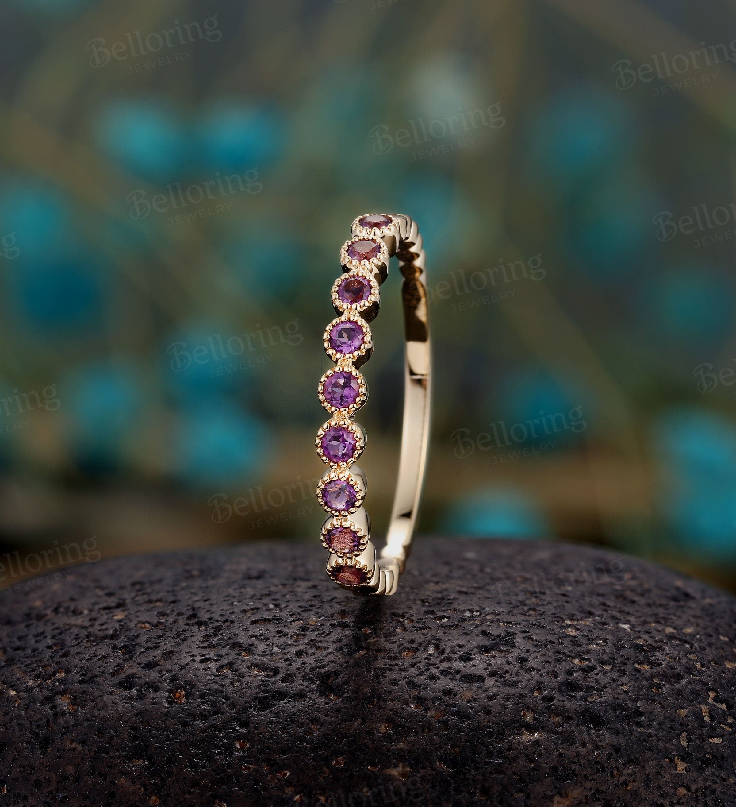 Amethyst wedding band Unique 14k rose gold half eternity band, Antique milgrain Stacking ring, Vintage Bridal ring Anniversary Promise ring