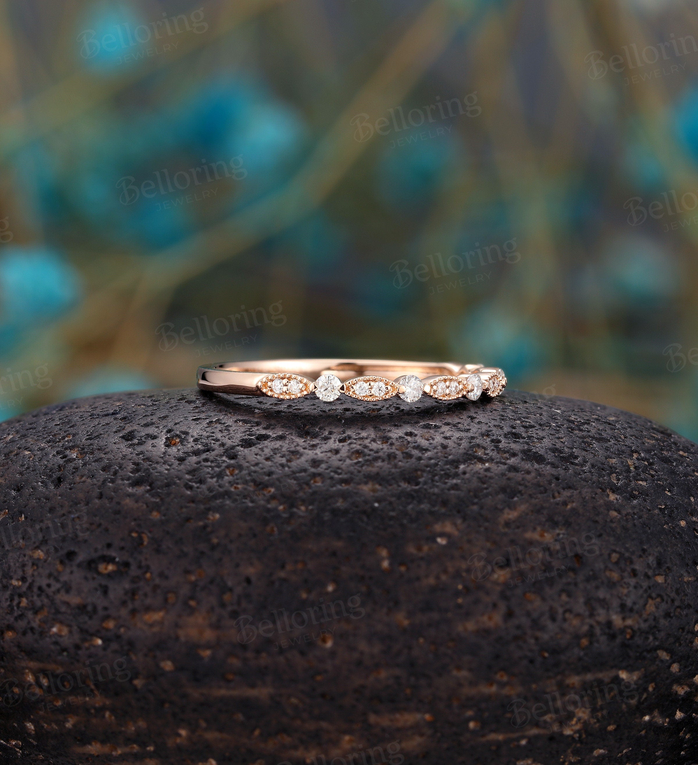 Art deco diamond ring vintage rose gold curved Halo wedding band  Half eternity  antique bridal set Promise Matching band