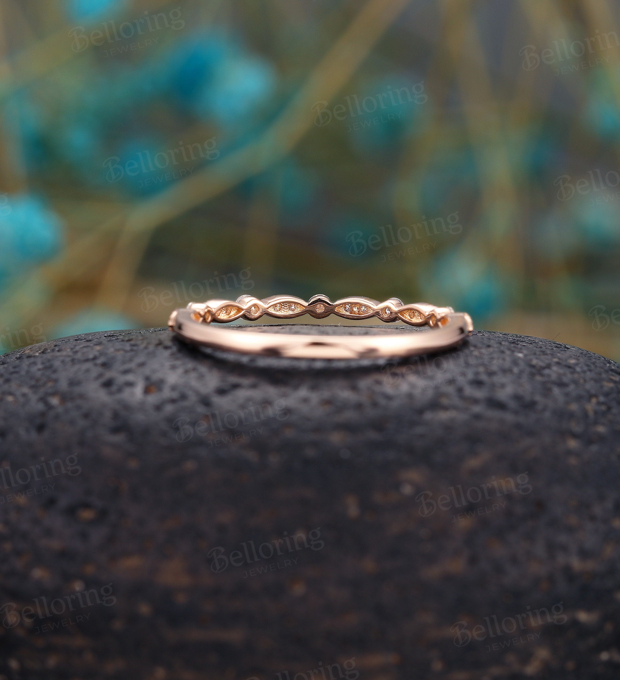 Art deco diamond ring vintage rose gold curved Halo wedding band  Half eternity  antique bridal set Promise Matching band