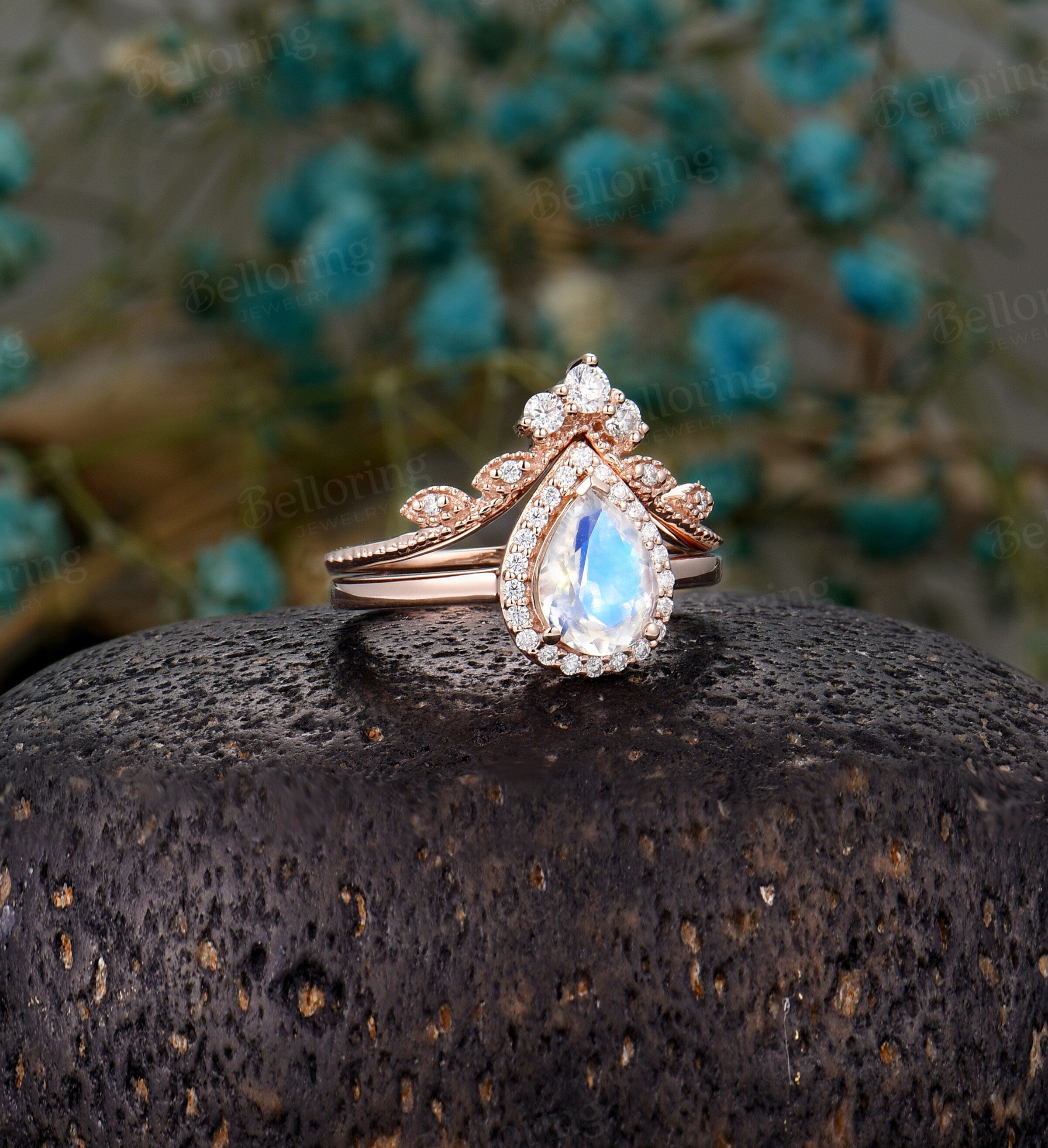 Moonstone engagement ring set  Rose gold pear shaped vintage leaf moissanite unique Wedding Jewelry birthstone Anniversary wedding ring