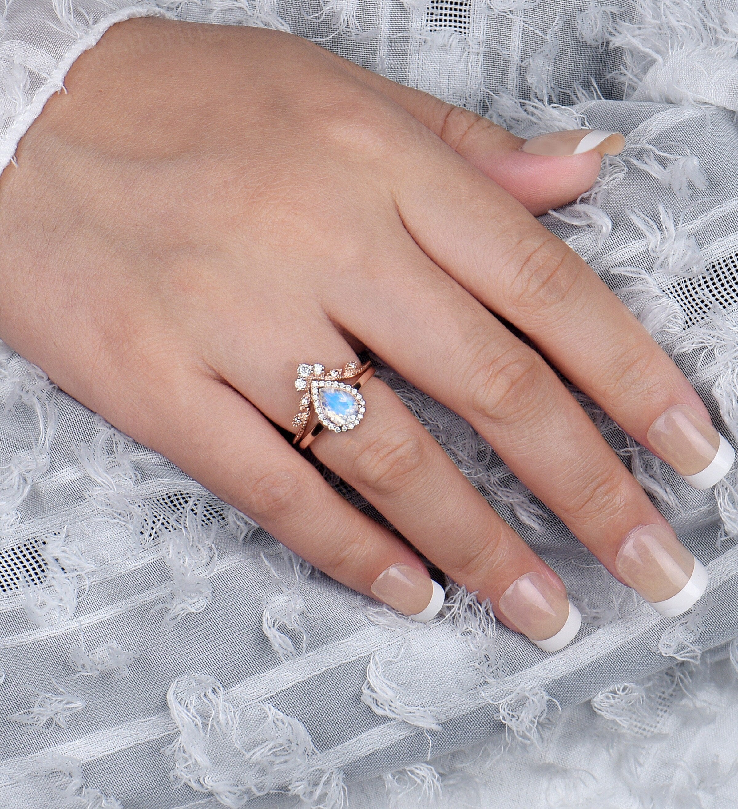 Moonstone engagement ring set  Rose gold pear shaped vintage leaf moissanite unique Wedding Jewelry birthstone Anniversary wedding ring