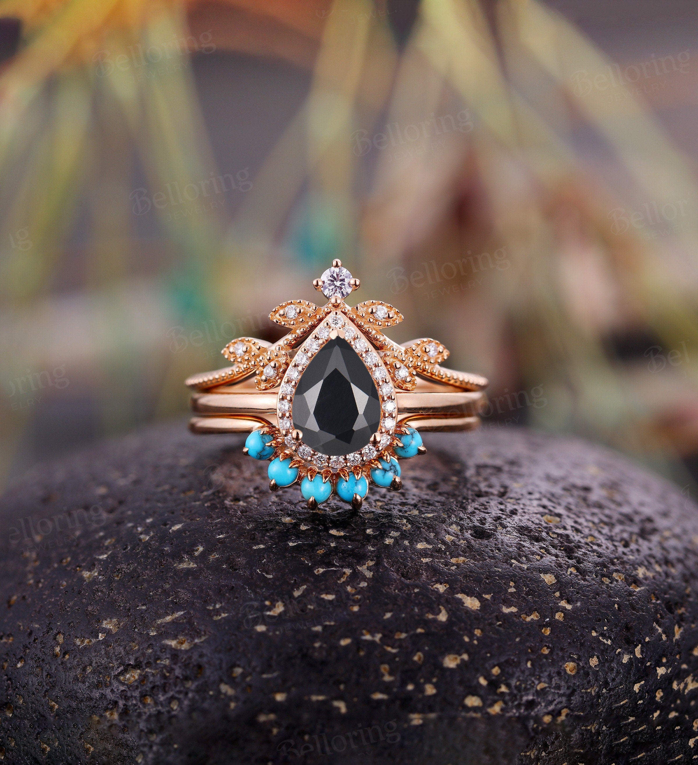 Black Onyx engagement ring set Rose gold ring set pear cut ring set vintage leaf moissanite ring set turquoise Wedding Anniversary ring set