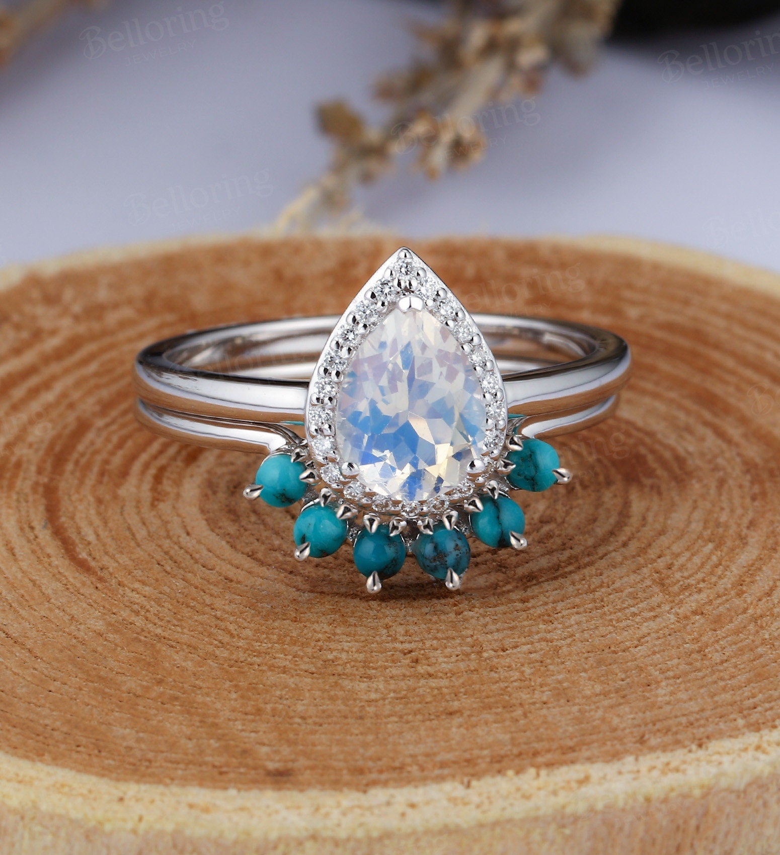 Moonstone engagement ring  pear cut vintage diamond turquoise Wedding Ring set Jewelry birthstone Anniversary wedding ring