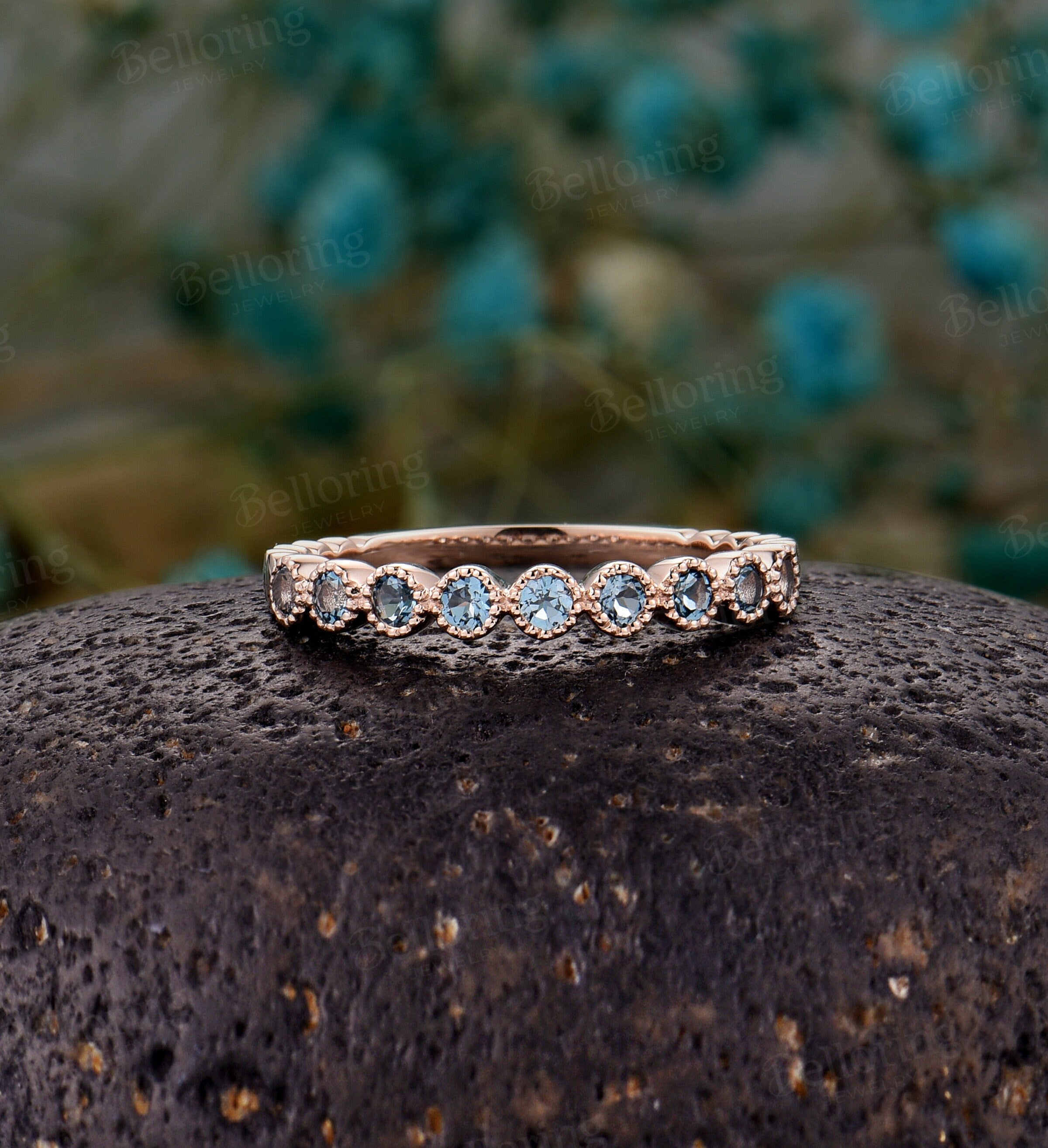 London Blue topaz Unique rose gold Antique wedding band, Art Deco stacking ring, Vintage Bridal round cut Anniversary Promise ring