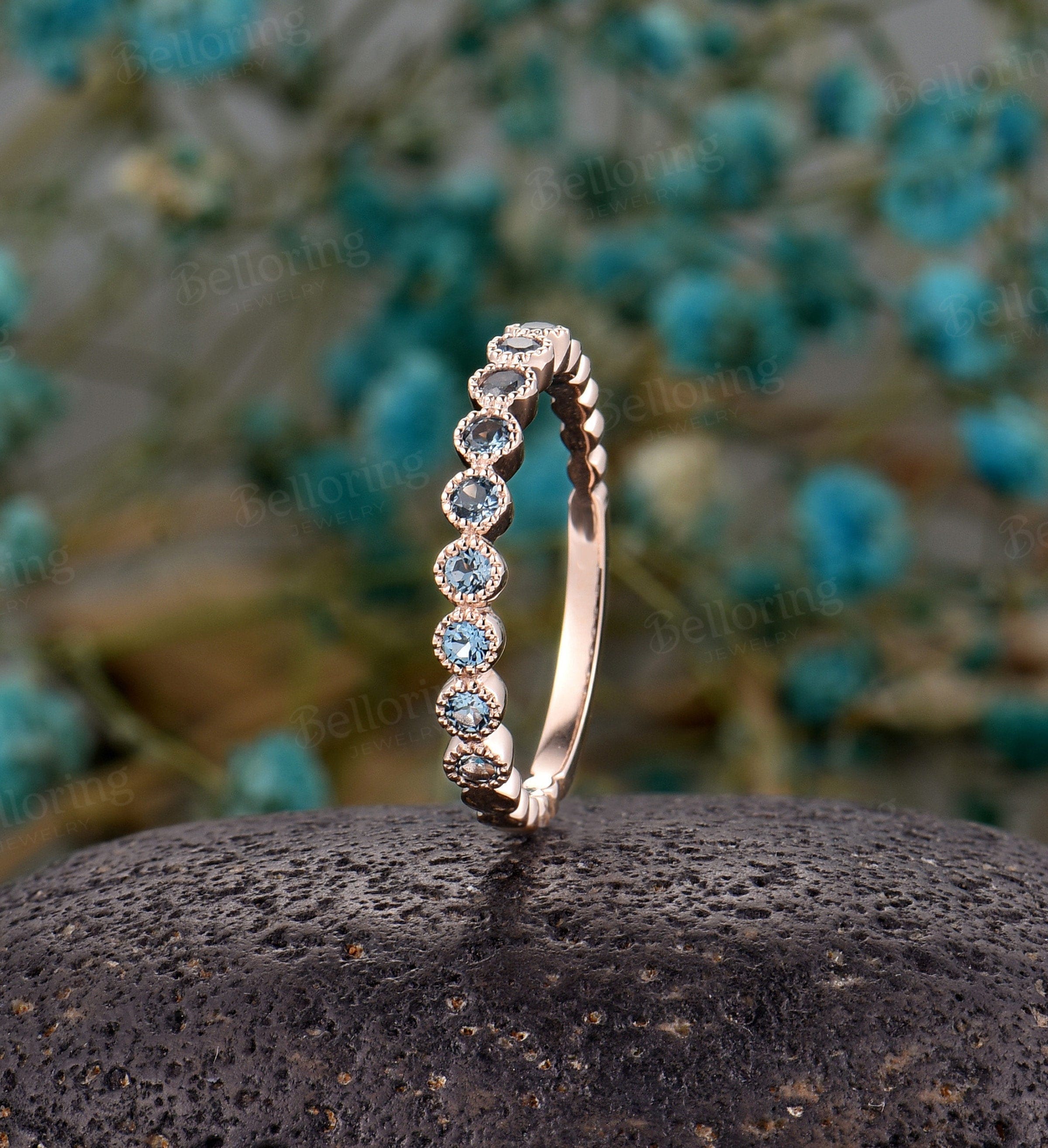 London Blue topaz Unique rose gold Antique wedding band, Art Deco stacking ring, Vintage Bridal round cut Anniversary Promise ring