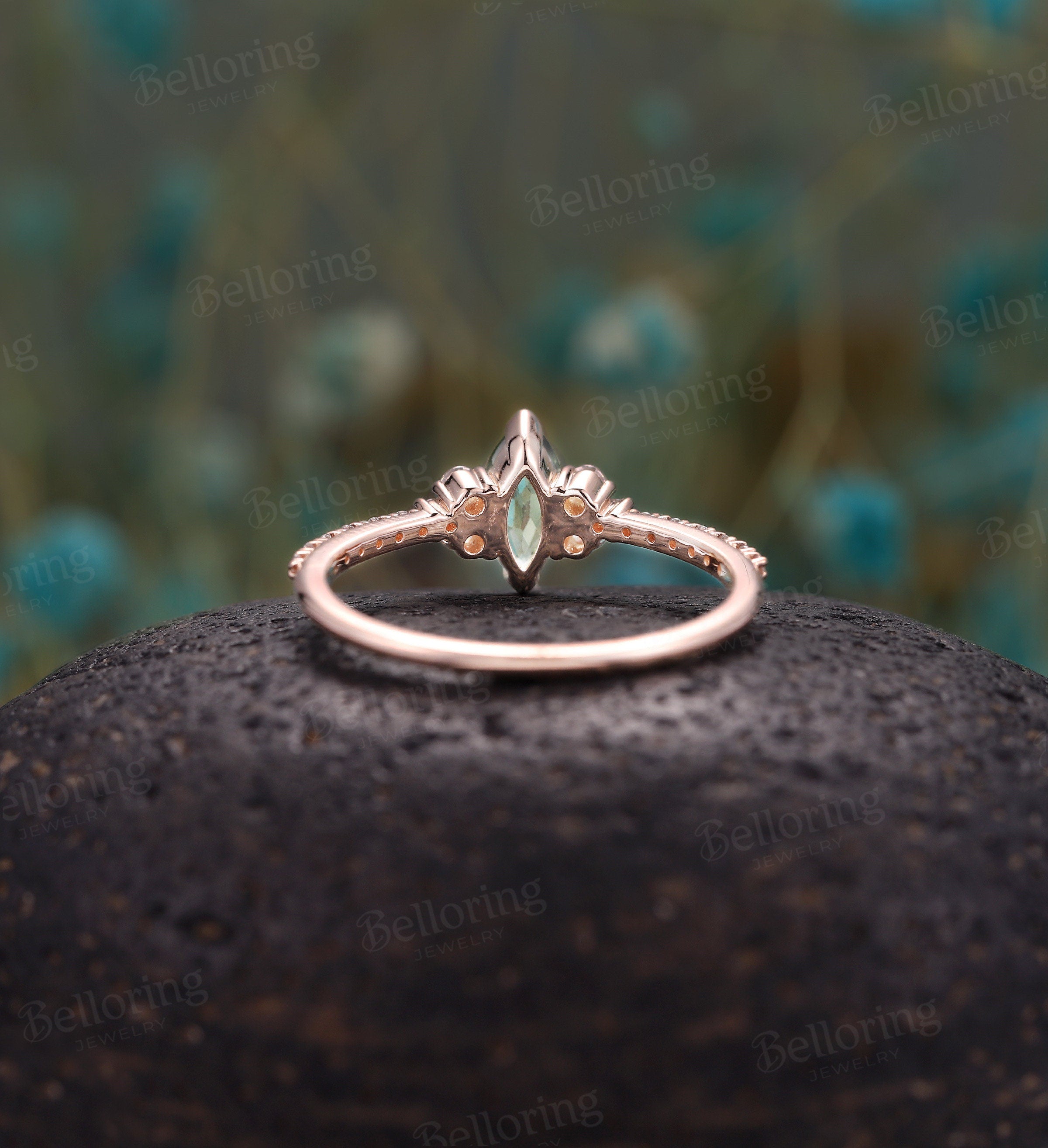 Green sapphire engagement ring vintage Rose gold marquise cut moissanite Half eternity unique Wedding Promise Anniversary wedding ring