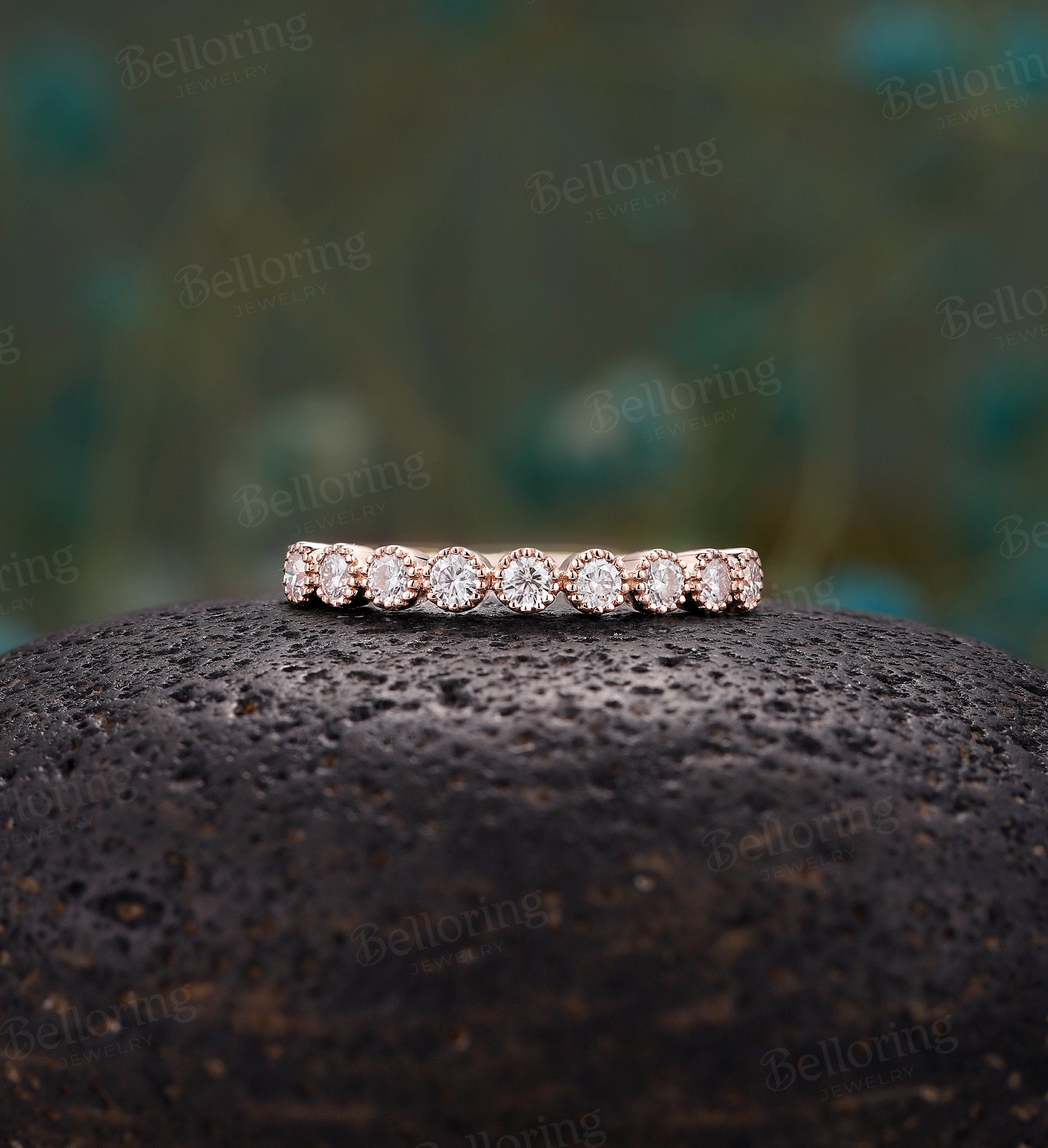 Half eternity Moissanite/Diamond wedding band, vintage rose gold  wedding ring, milgrain antique unique bridal ring,Promise Matching band