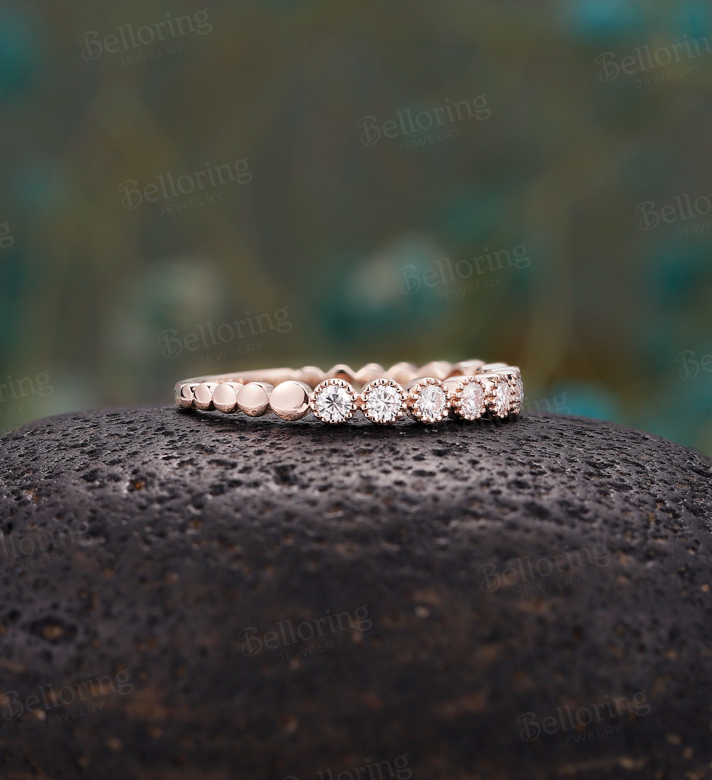 Half eternity Moissanite/Diamond wedding band, vintage rose gold  wedding ring, milgrain antique unique bridal ring,Promise Matching band