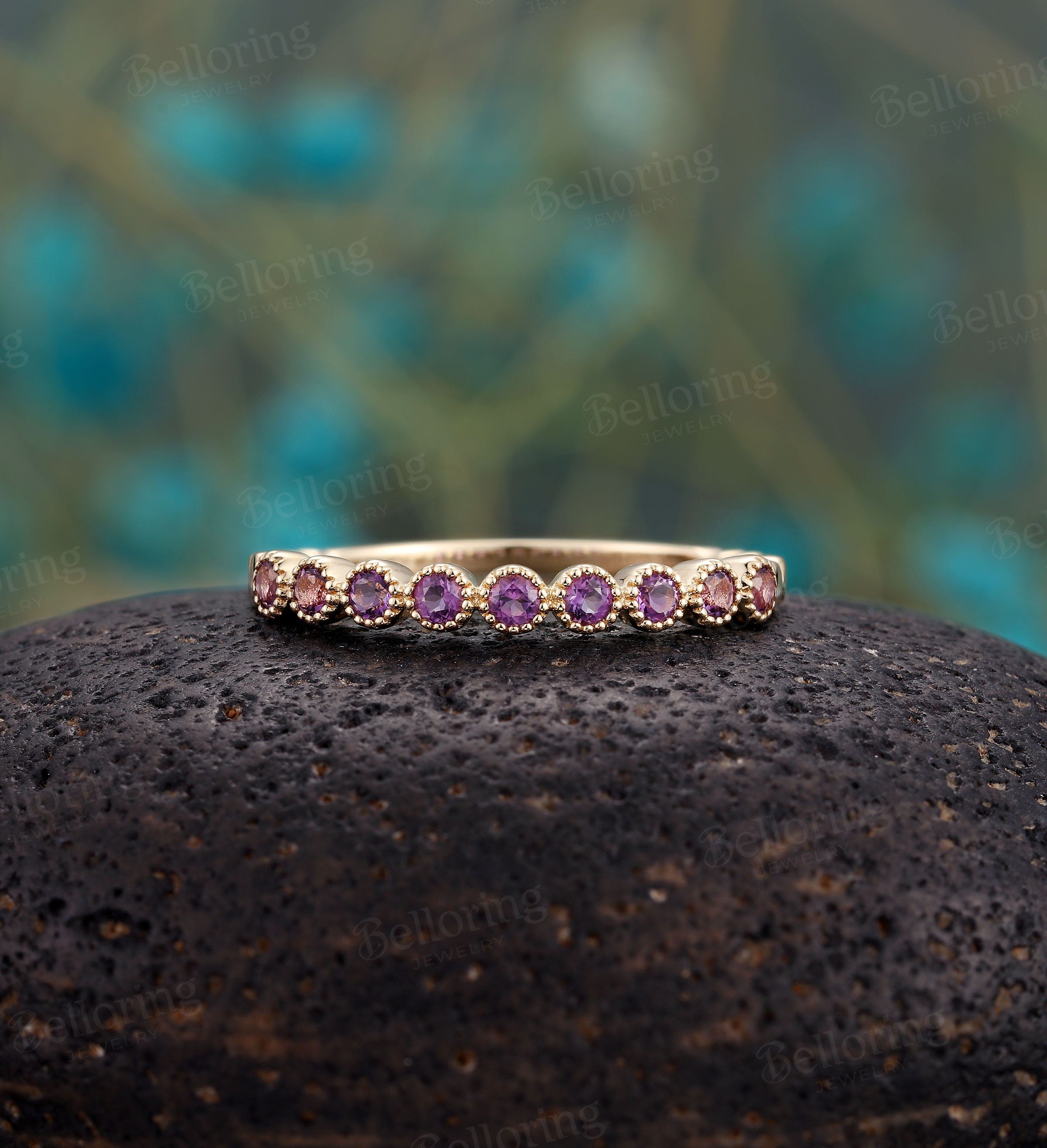 Amethyst wedding band Unique 14k rose gold half eternity band, Antique milgrain Stacking ring, Vintage Bridal ring Anniversary Promise ring