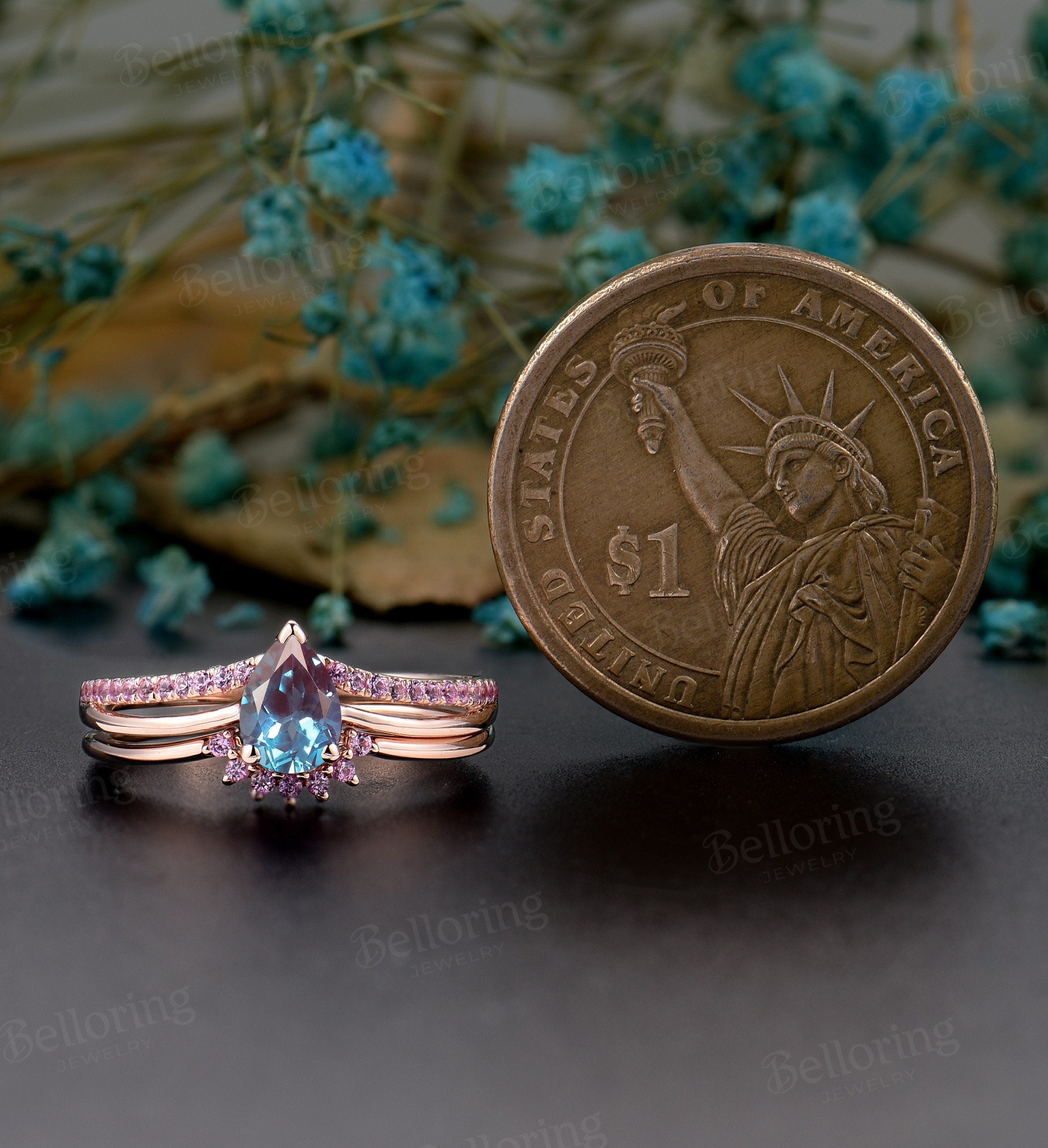 Alexandrite engagement ring set pear shaped vintage pink sapphire Wedding ring set half eternity antique promise curved band stacking rings