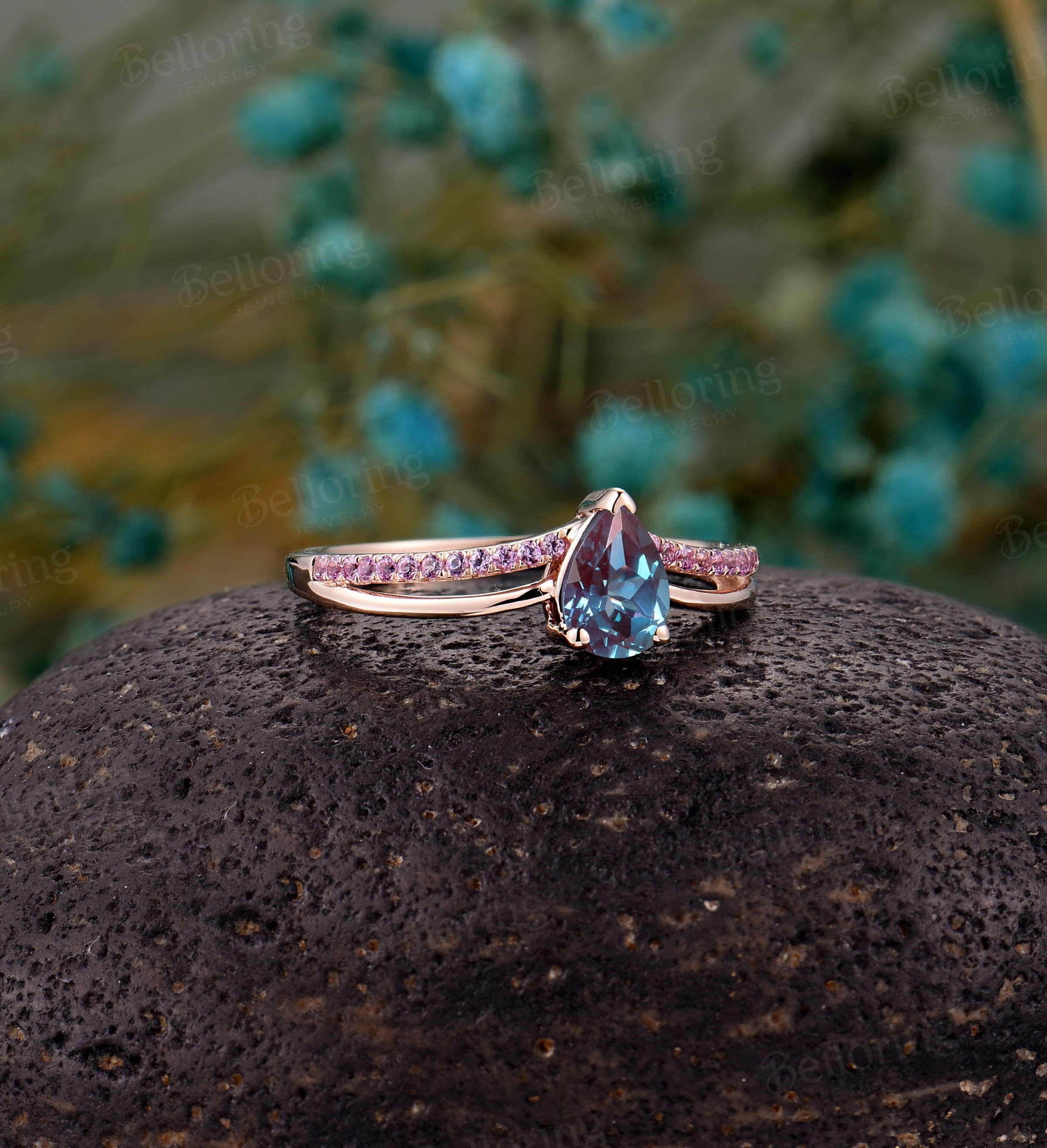 Alexandrite engagement ring pear shaped vintage pink sapphire Wedding ring half eternity antique promise curved band unique stacking rings