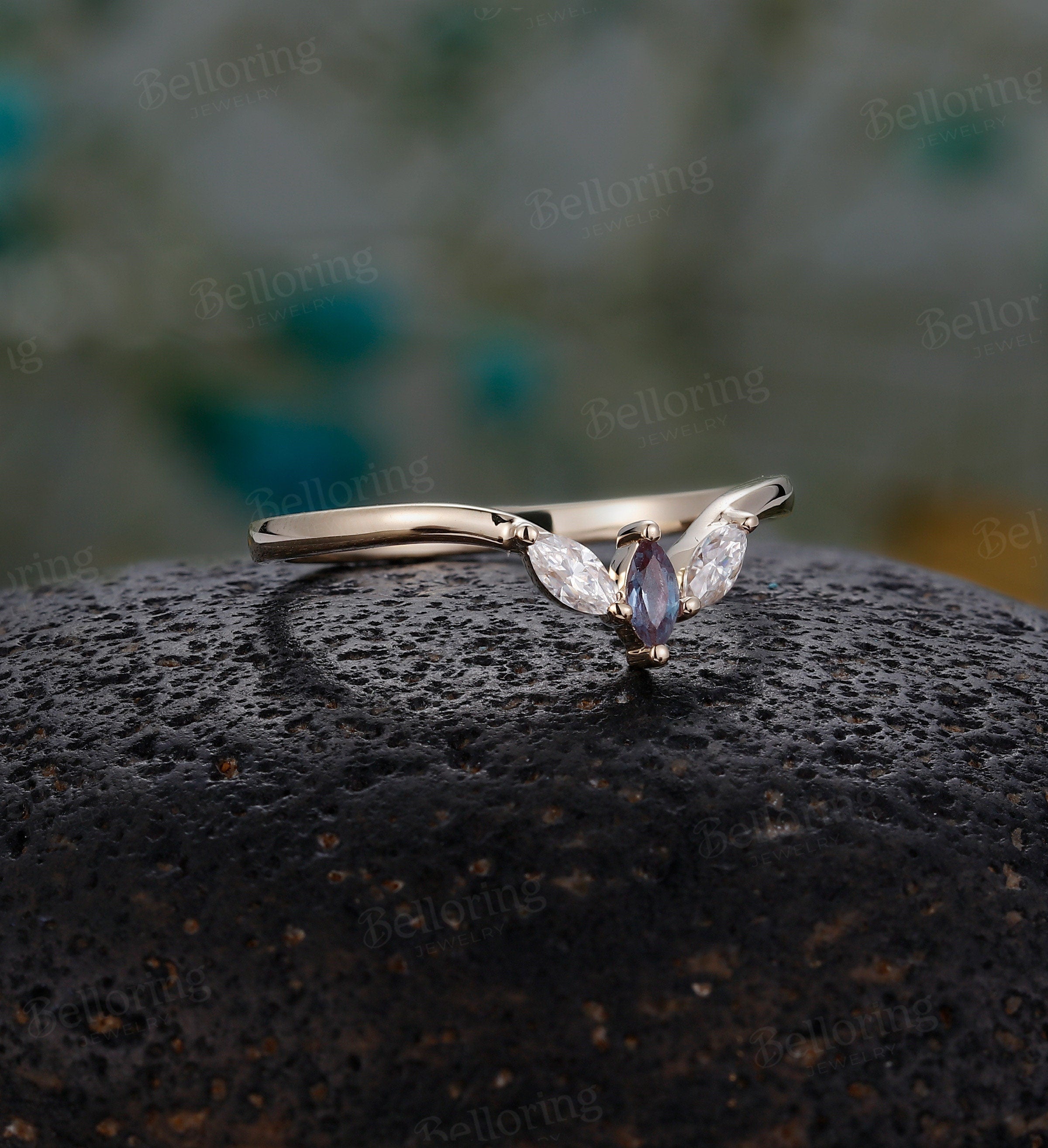 Marquise Moissanite/diamond & alexandrite Curved wedding band rose gold wedding ring Vintage Antique Unique Matching band Anniversary ring