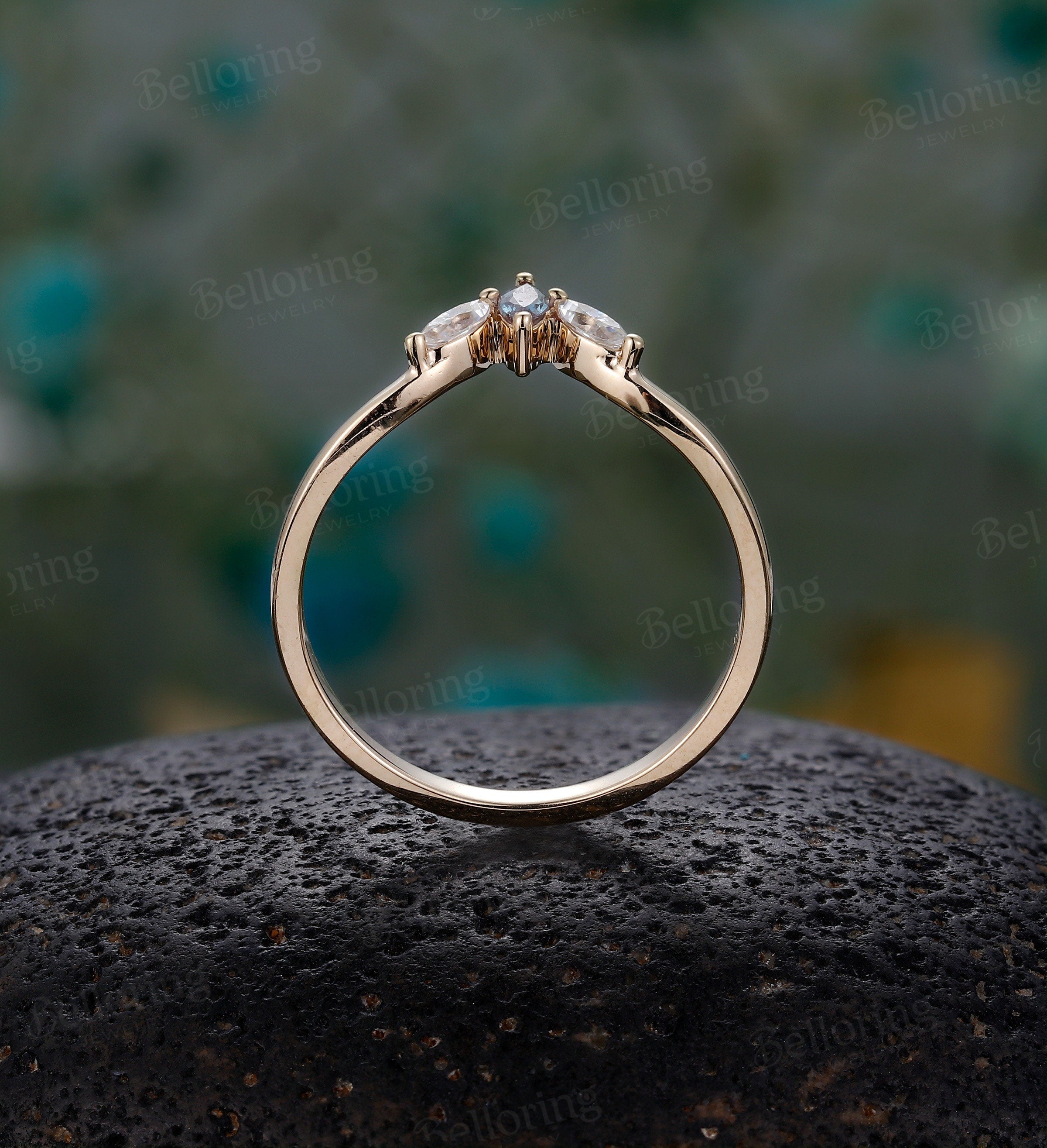 Marquise Moissanite/diamond & alexandrite Curved wedding band rose gold wedding ring Vintage Antique Unique Matching band Anniversary ring